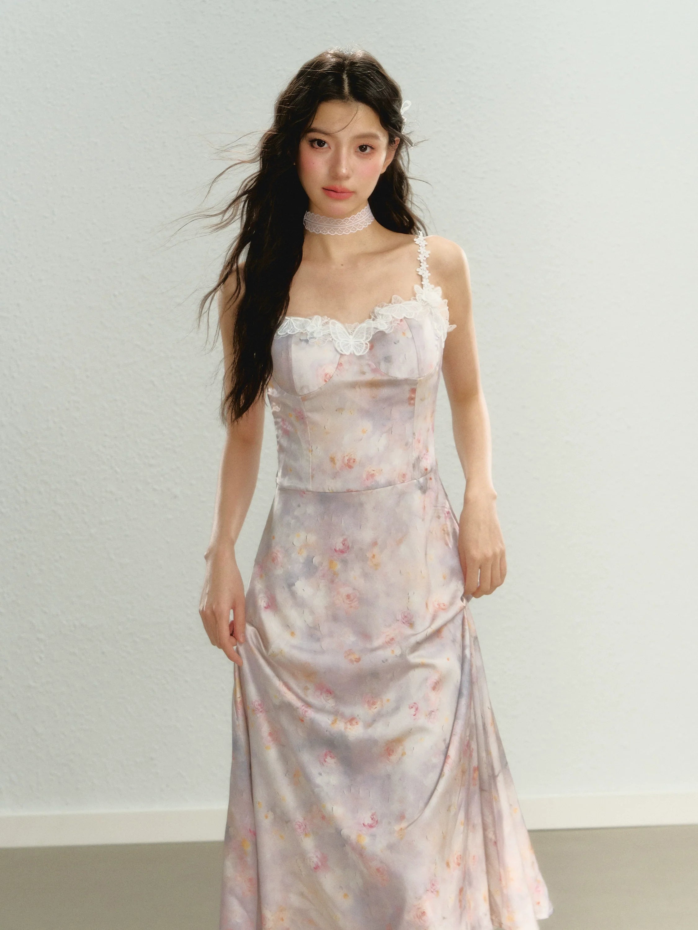 Purple New Chinese Style Printed Cami Dress