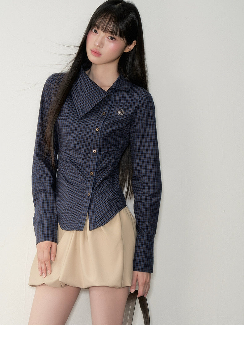 Navy Blue Plaid Lapel Collar Shirt