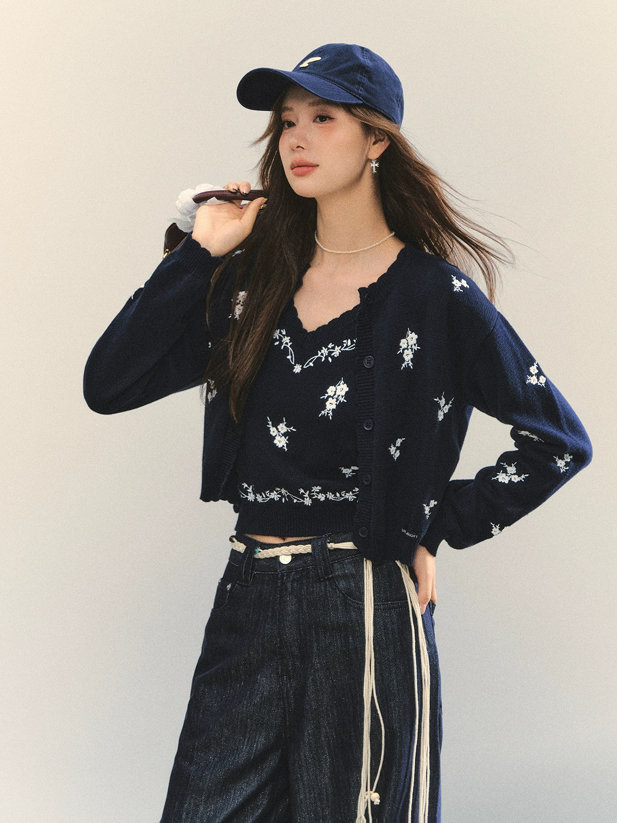 Navy Floral Embroidered Cardigan & Camisole Set