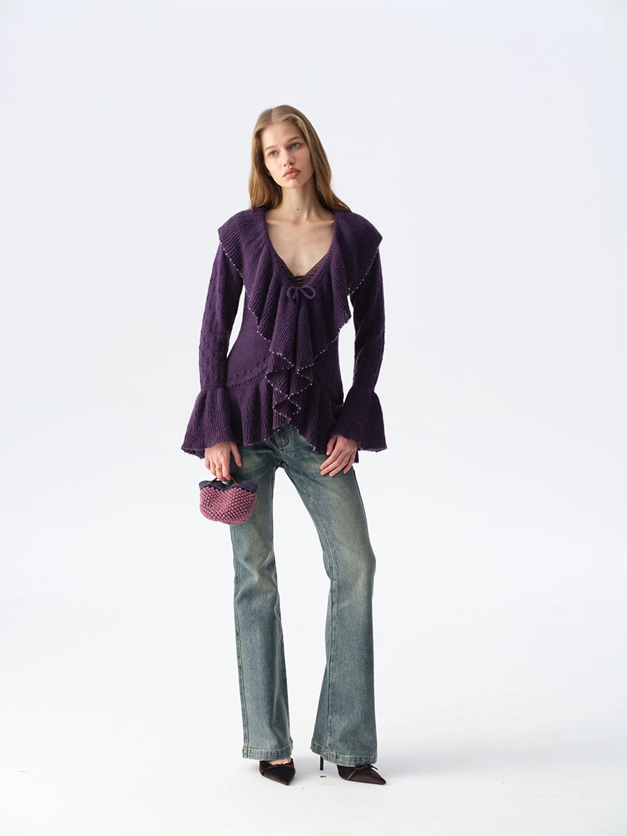 Two-Tone Openwork Ruffle Longline Cardigan