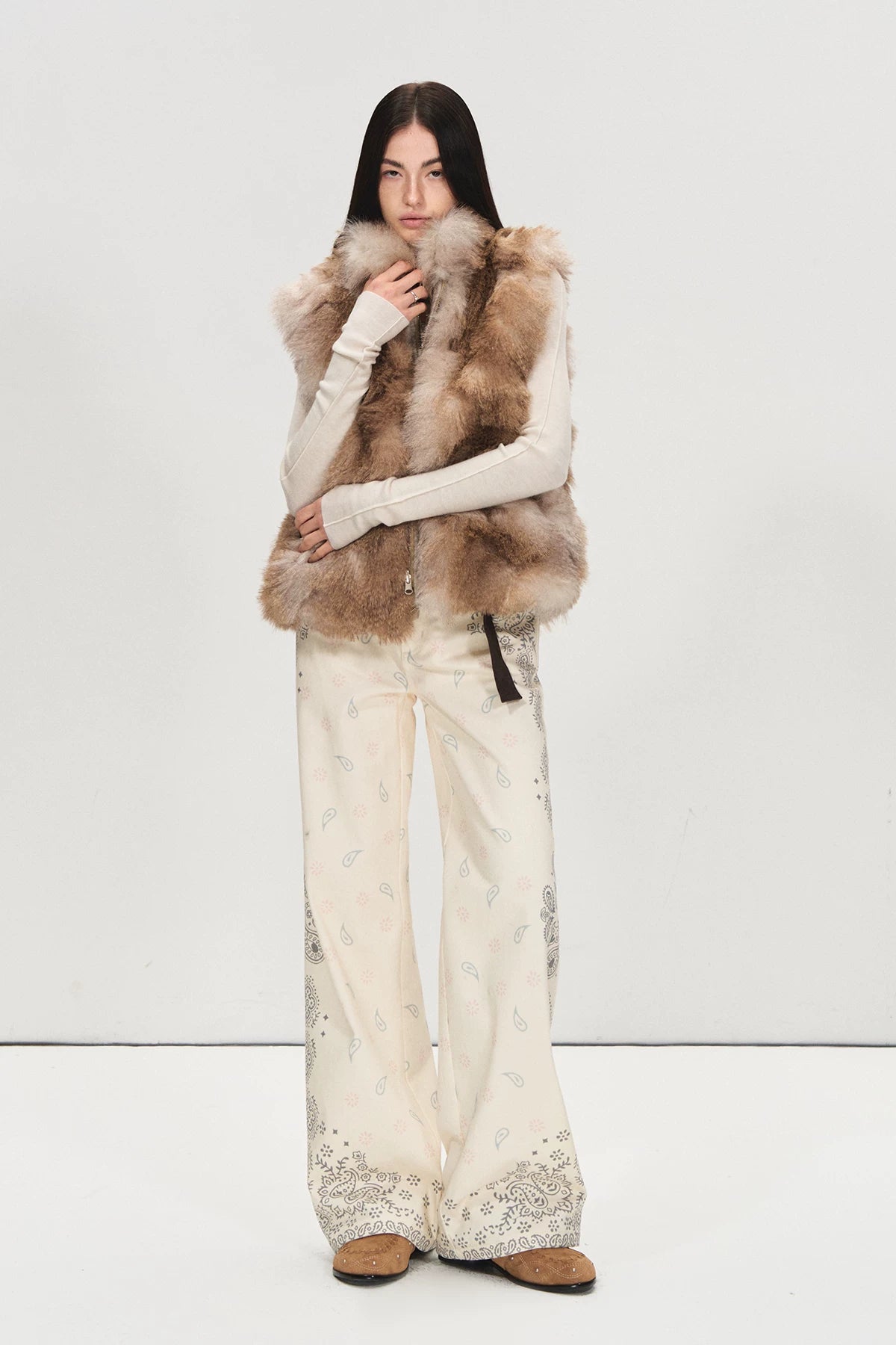 Belted Paisley Wide-Leg Pants