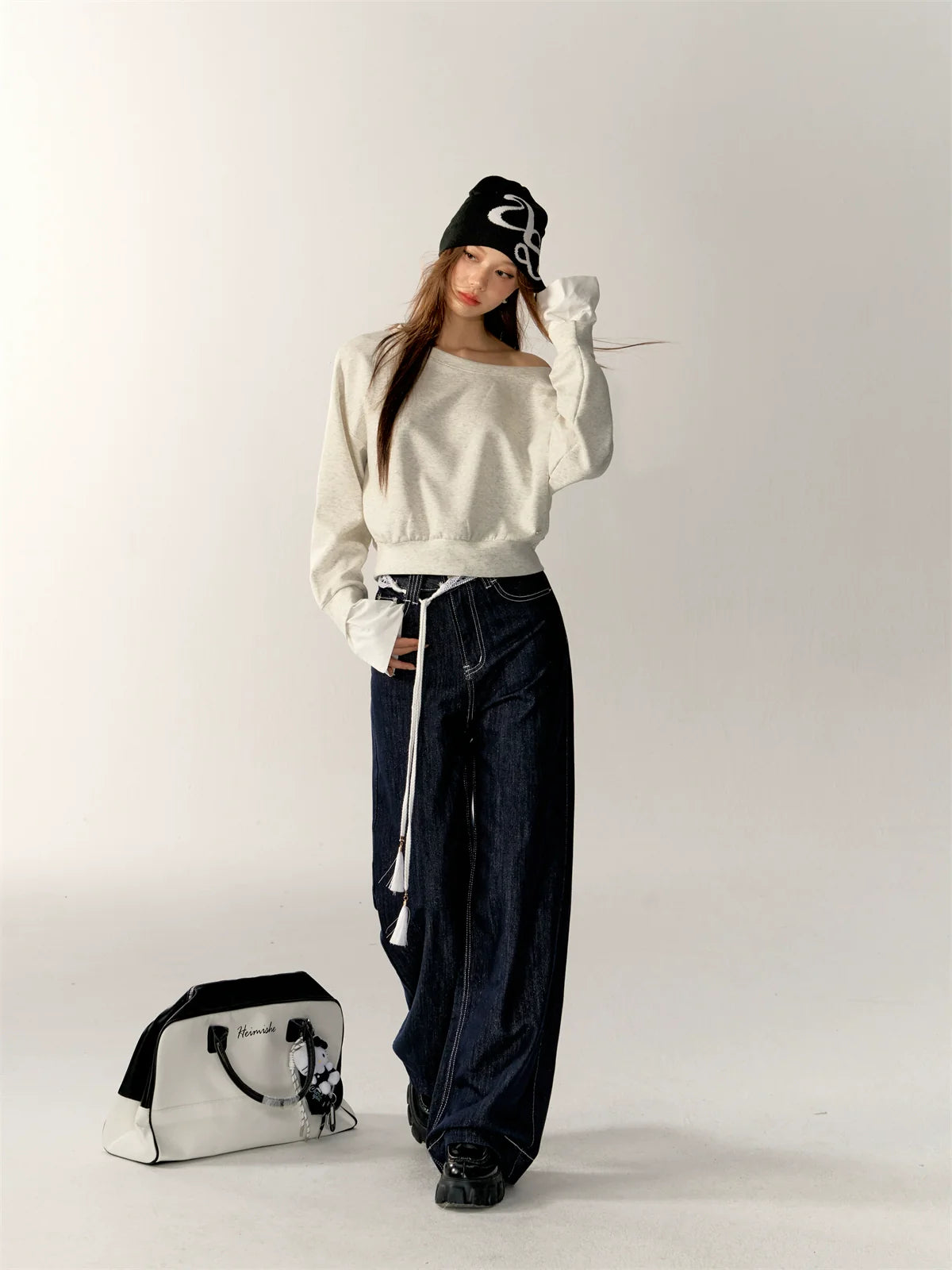 Dark Blue High-waist Wide-leg Pants