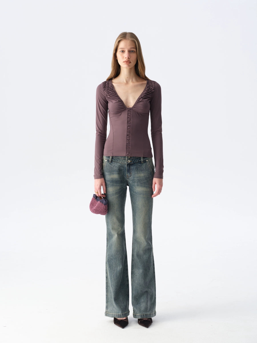 Ruched Low-Neck Knit Top