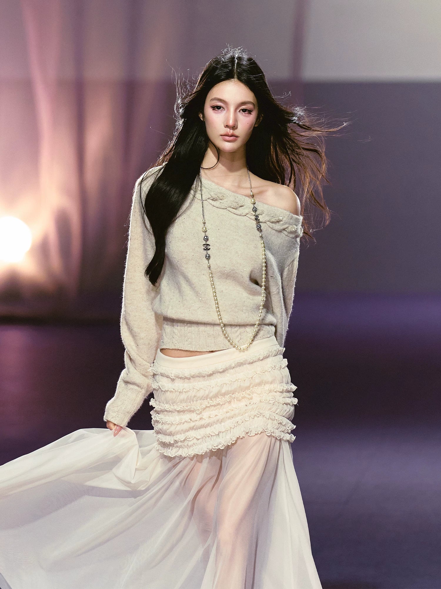 Apricot & Purple Cable Knit Off Shoulder Sweater