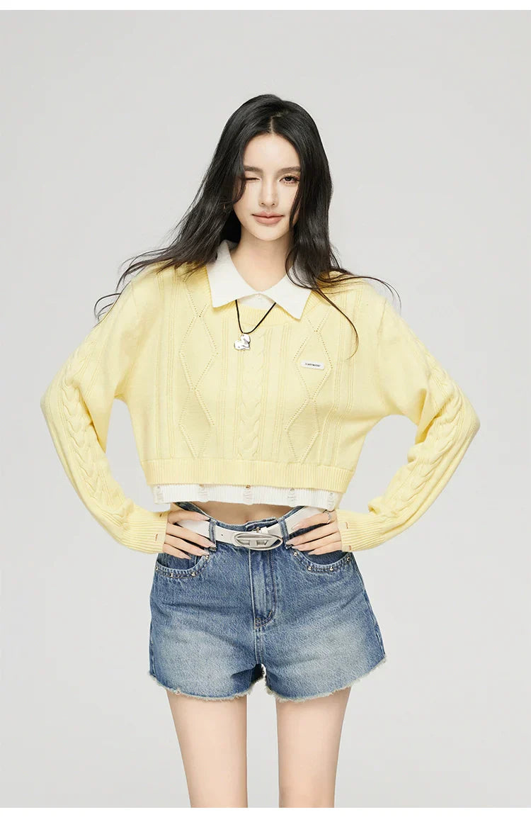 Yellow & Gray 2-in-1 Frayed-edge Sweater