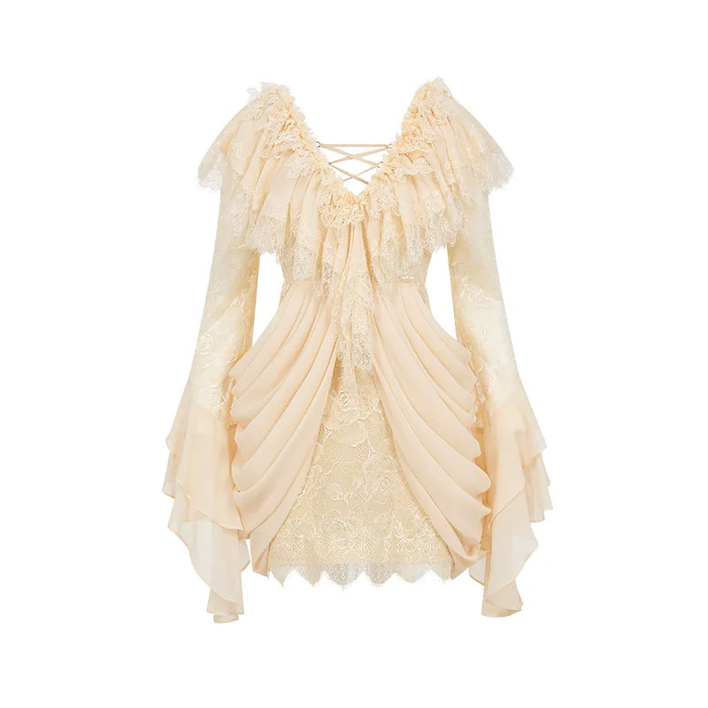 V-Neck Lace Pleated Dress
