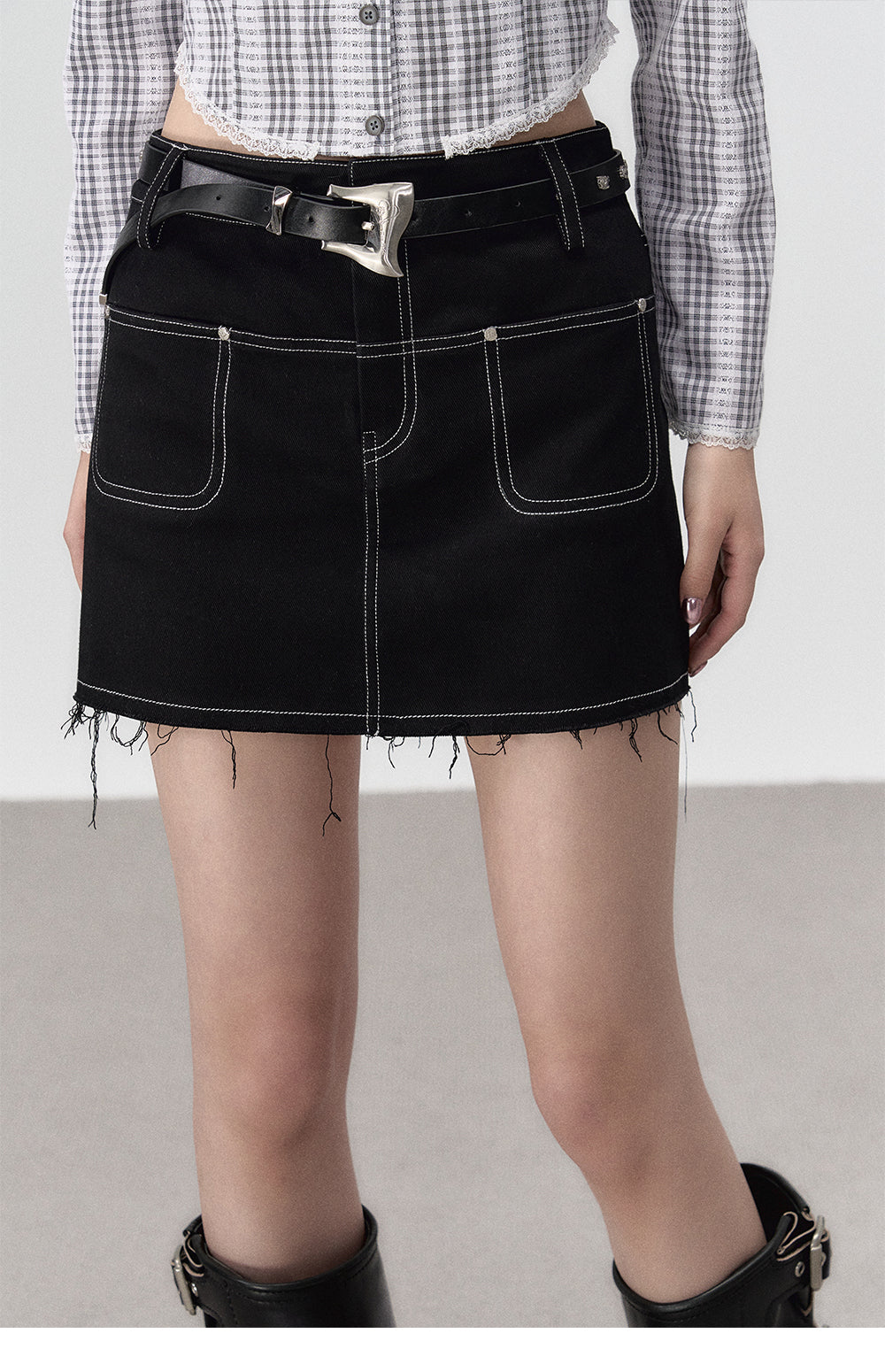 Black Denim 2-in-1 Studded Frayed Mini Skirt