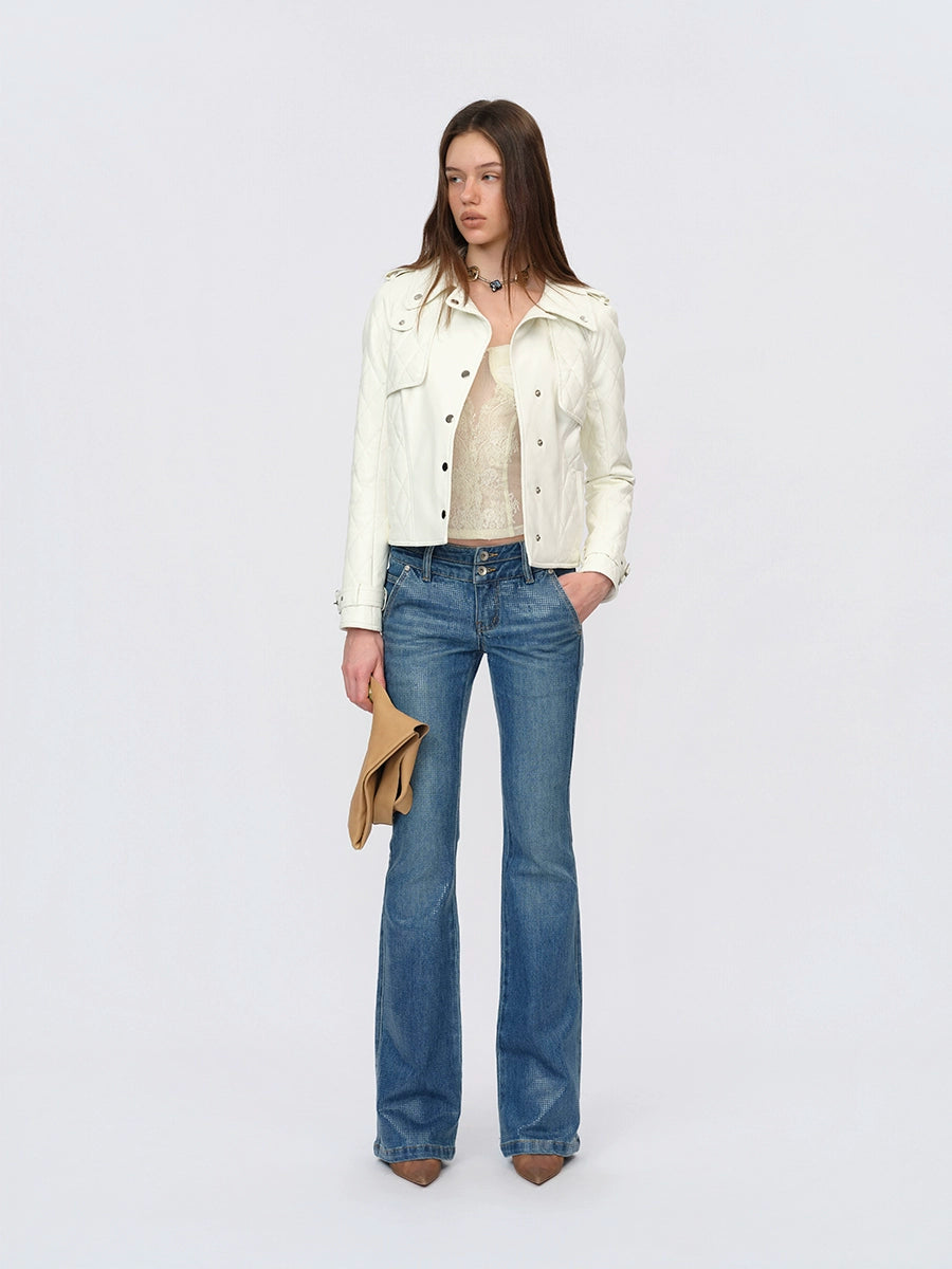 White Paneled Fitted Faux-Leather Jacket