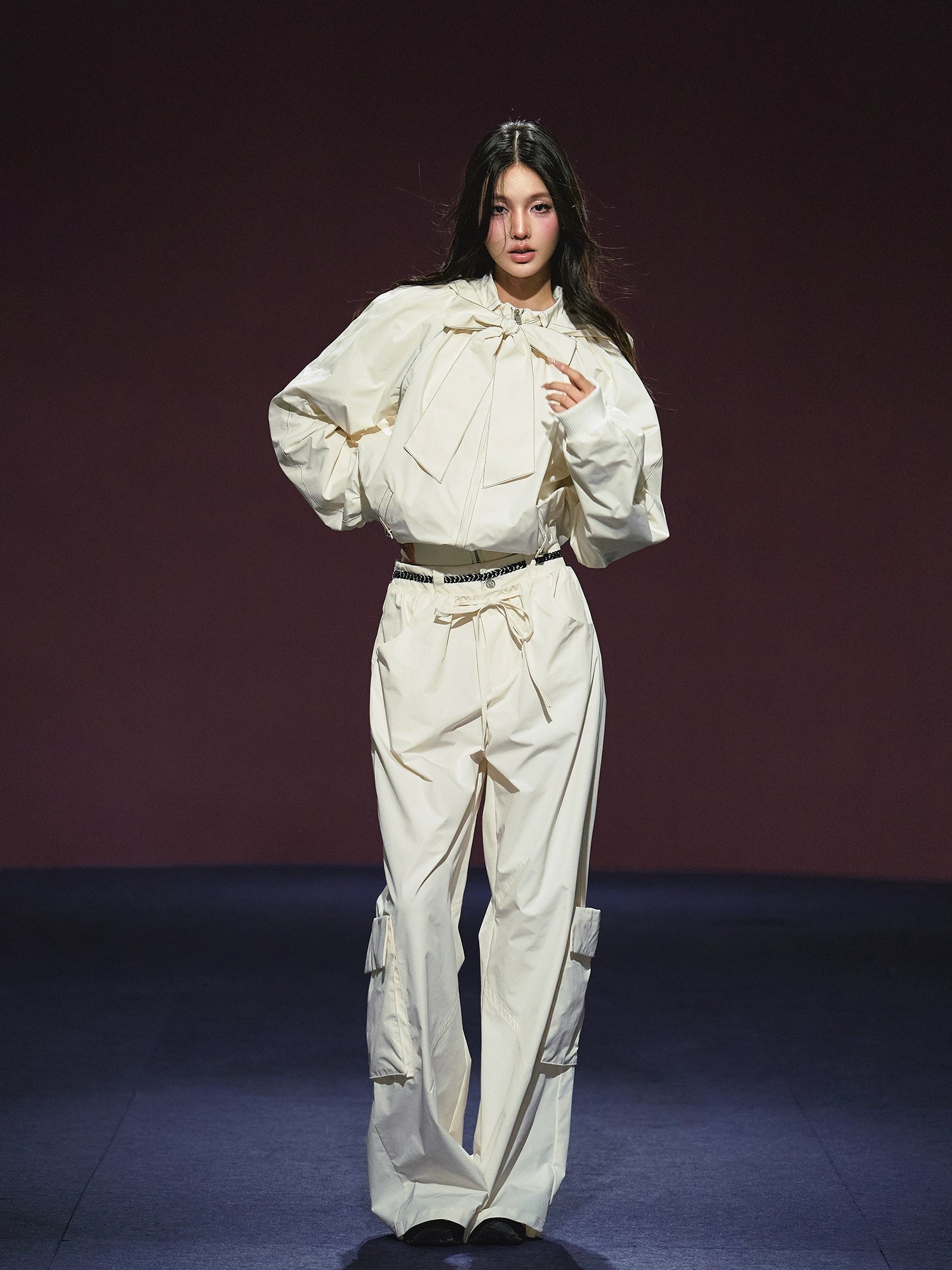 Neckline Tie Striped Sun-Protective Jacket & Pants Set