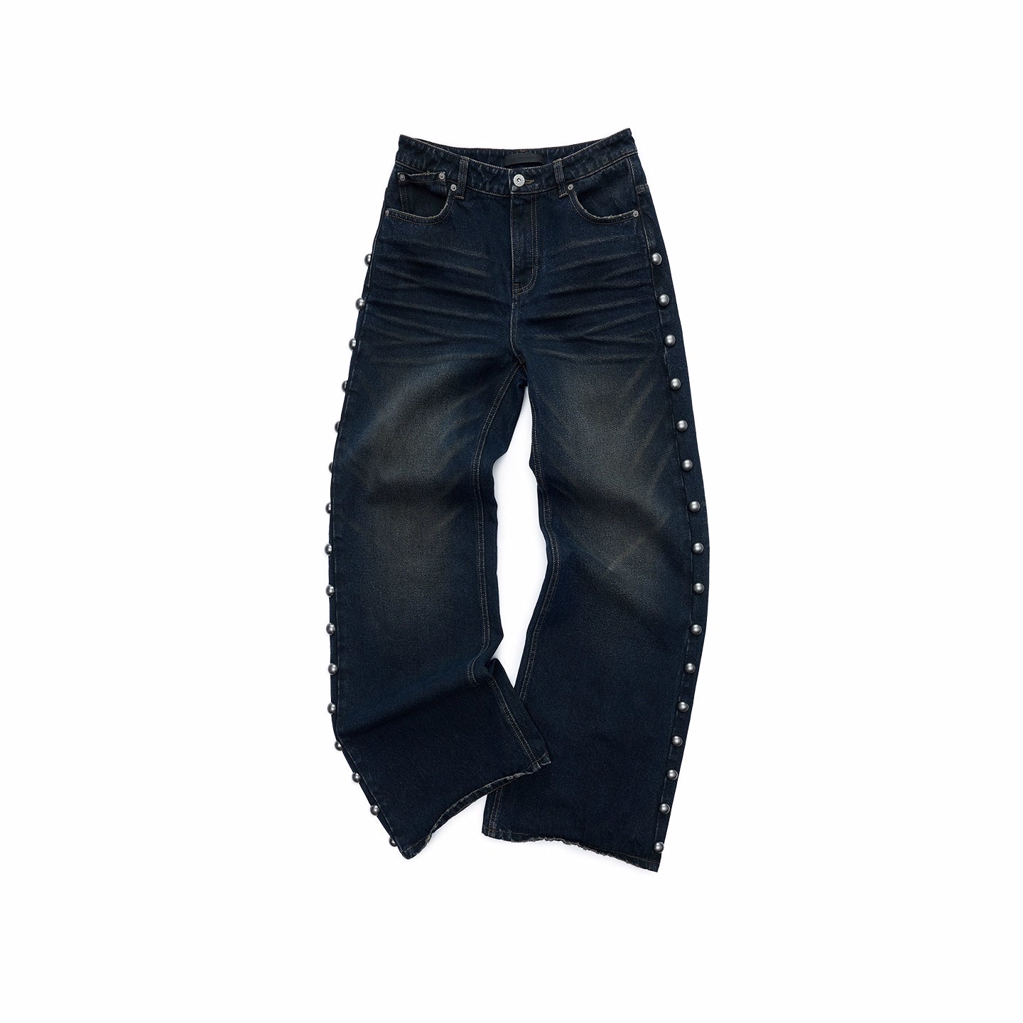 Mud-Dyed Washed Studded Straight-Leg Jeans