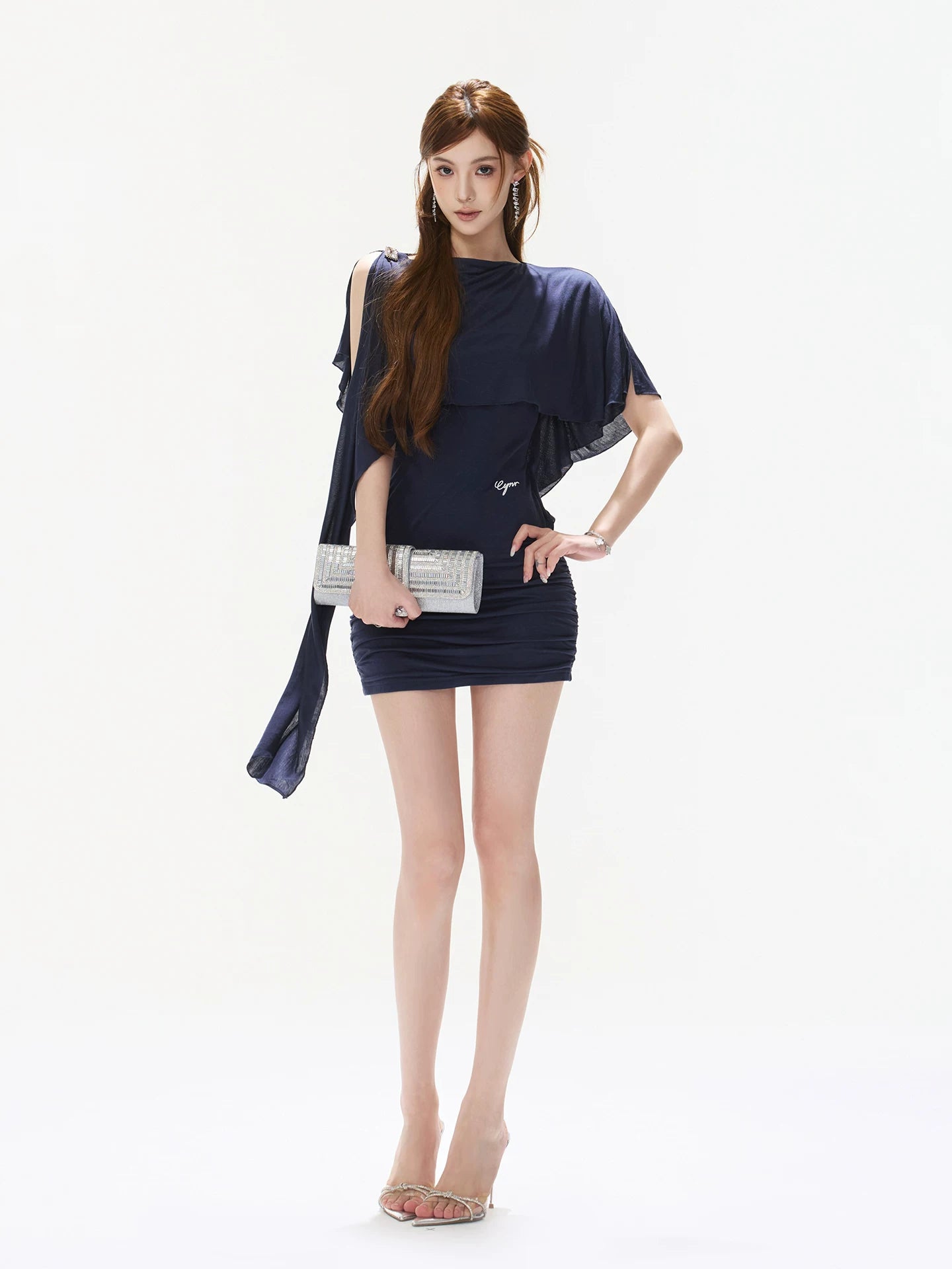 Navy Asymmetric Cape Dress