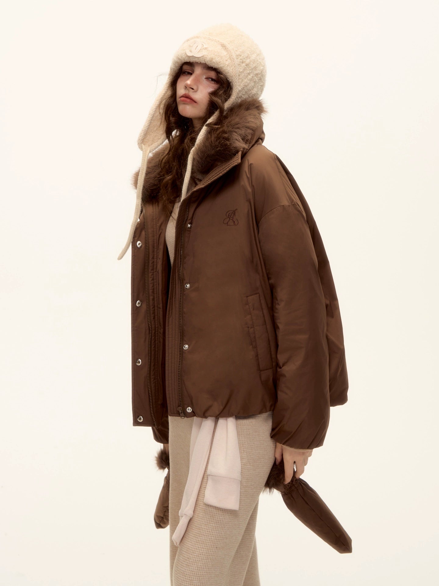 Detachable Fur Collar Short Down Jacket & Gloves Set