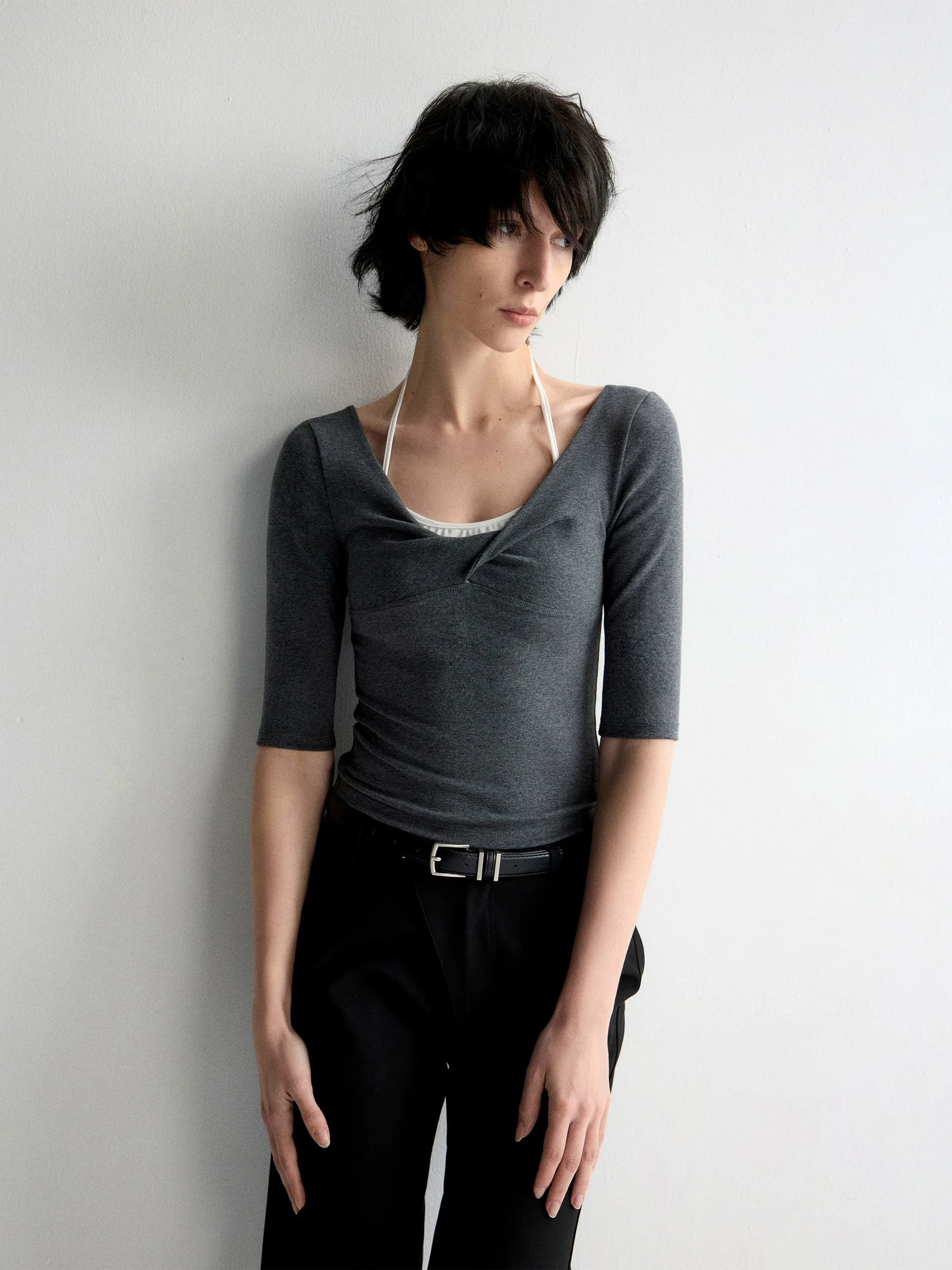 Twist Neck Waist-Tying T-shirt