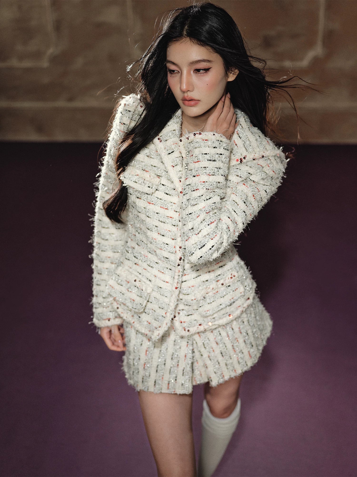 Beige Textured Cropped Jacket & Skirt Set