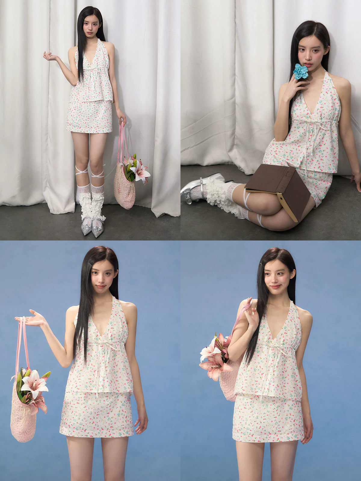 Floral Halter Tie Camisole & Skirt Set