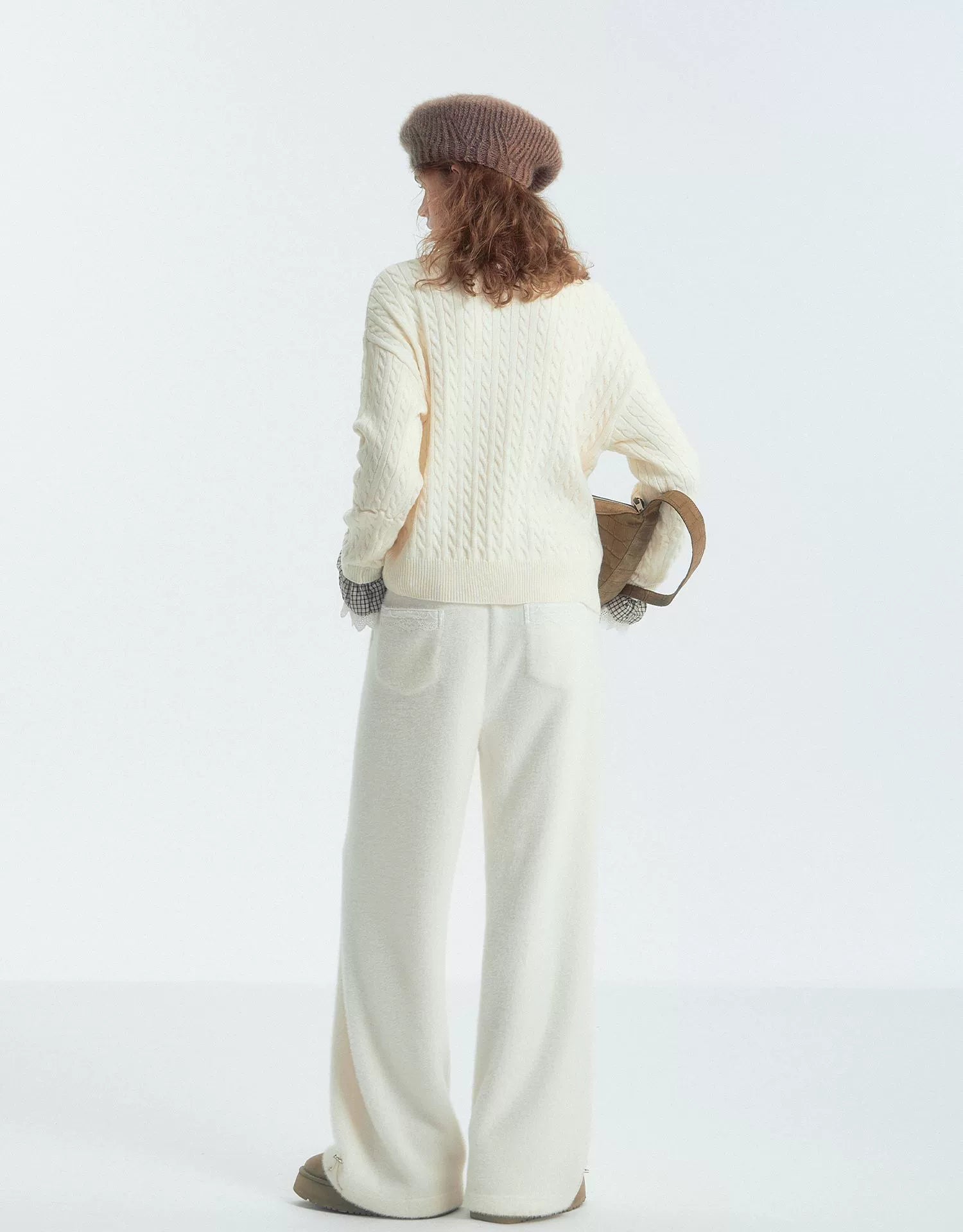 Cable‑Knit Polo Collar Plaid Splice Sweater