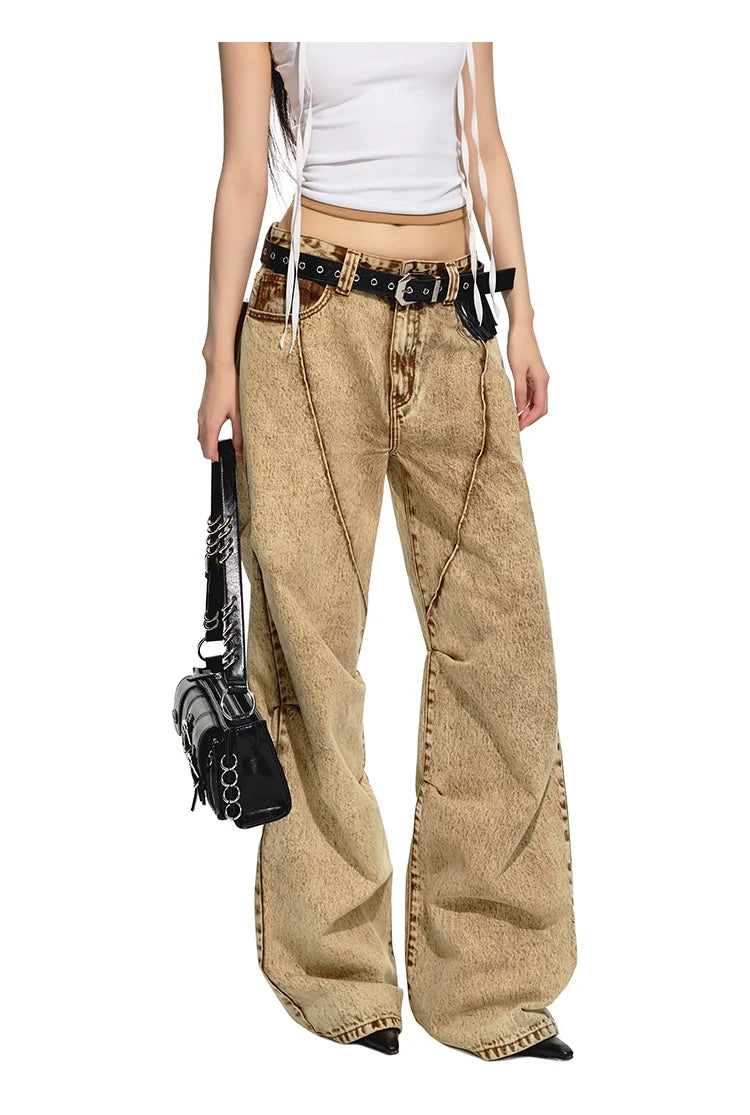 Brown Retro Loose-fit Wide-leg Jeans