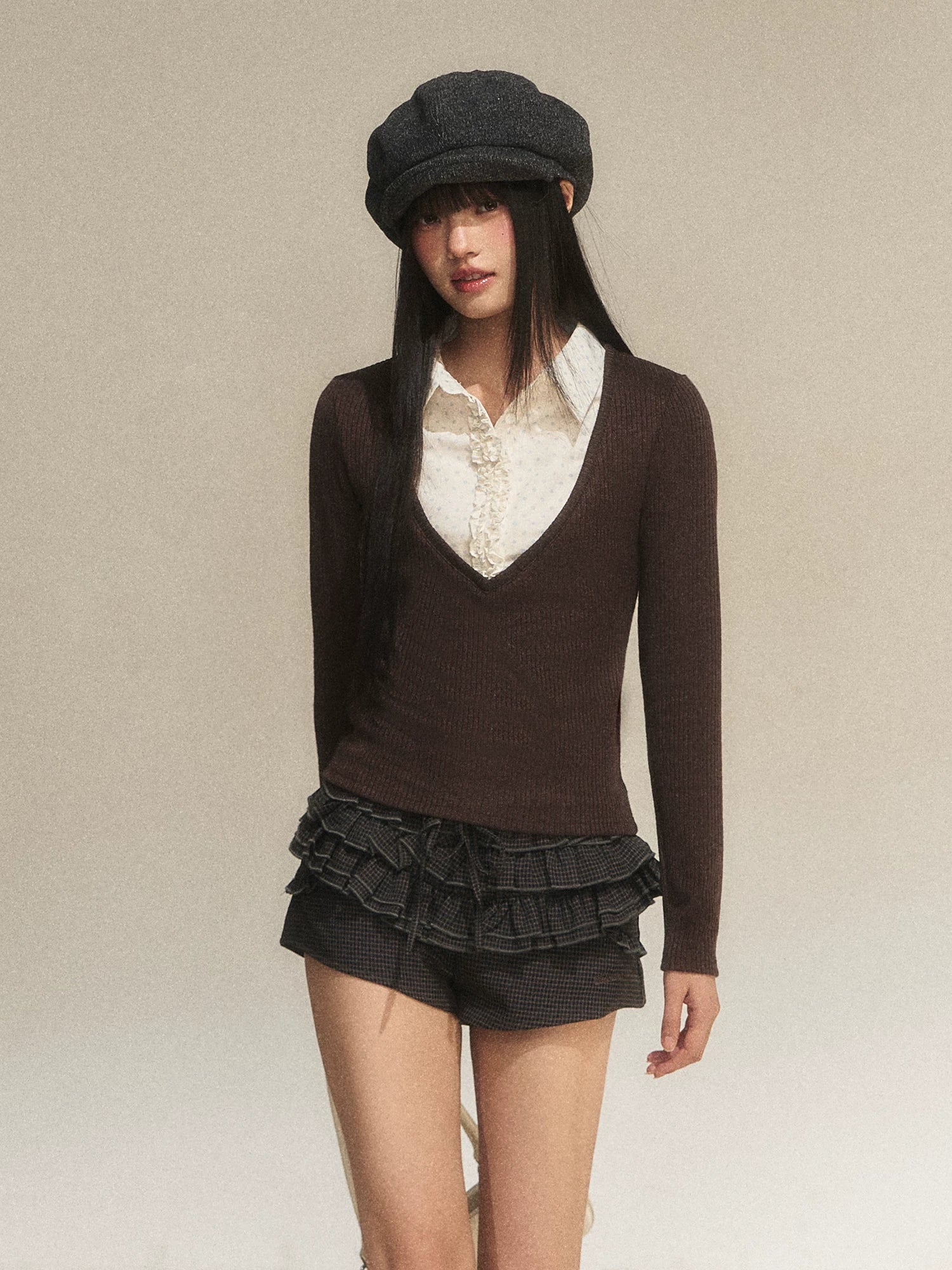 Contrast Polka Faux Layer Knit Top