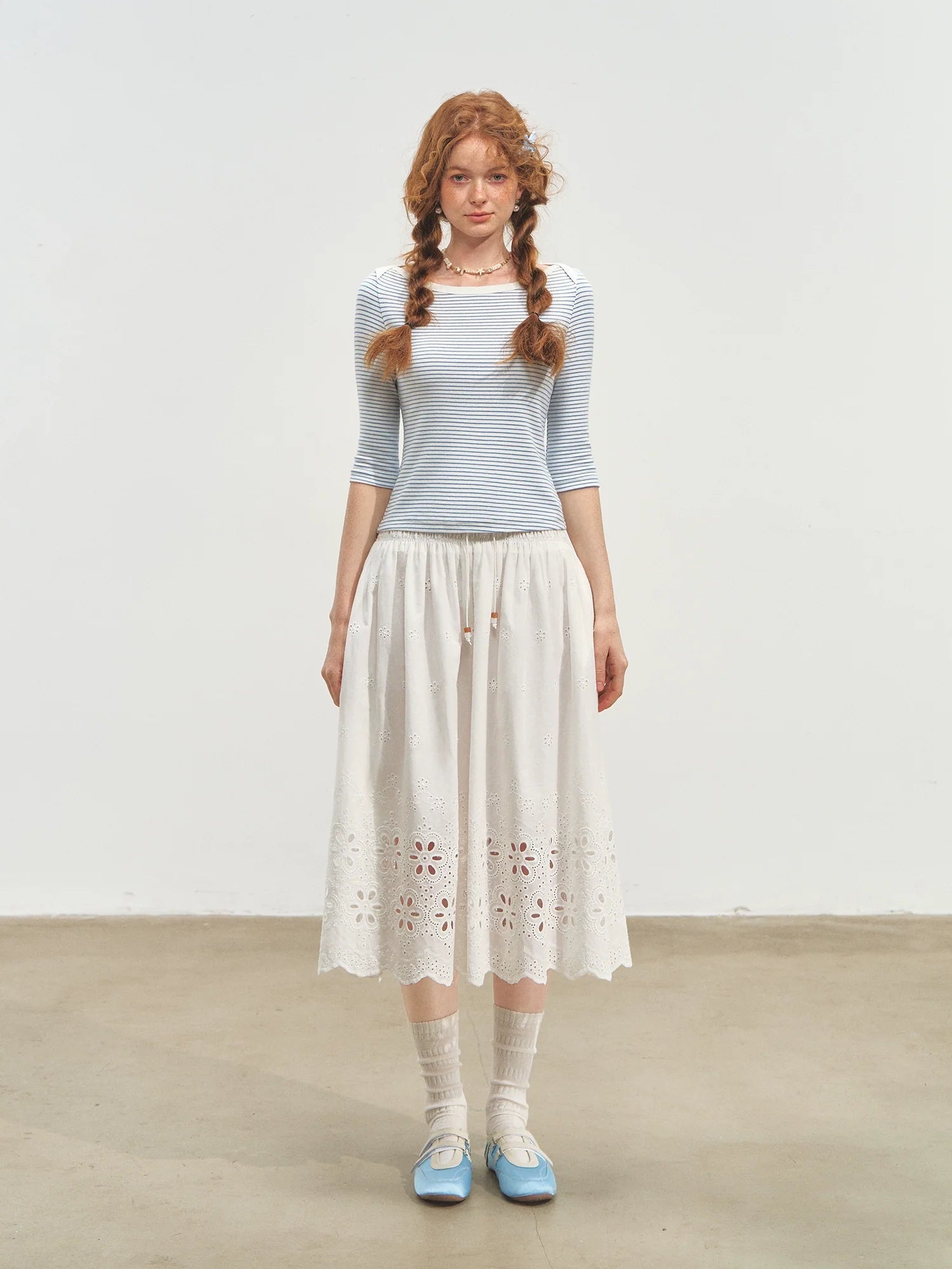 Envelope Neck Mid-sleeve Striped T-Shirt