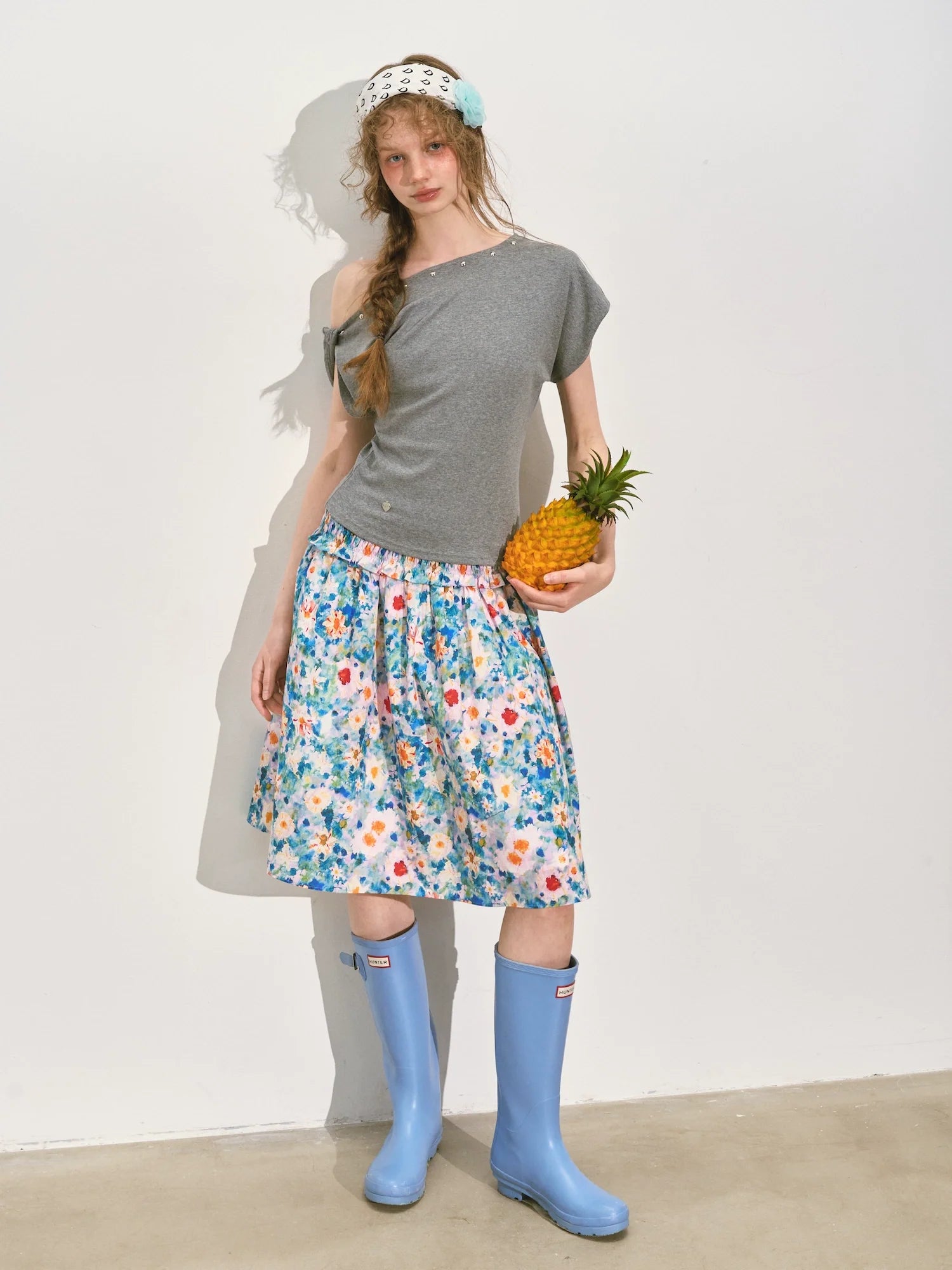 Floral Waist-cinching Slim-fit Midi A-line Skirt