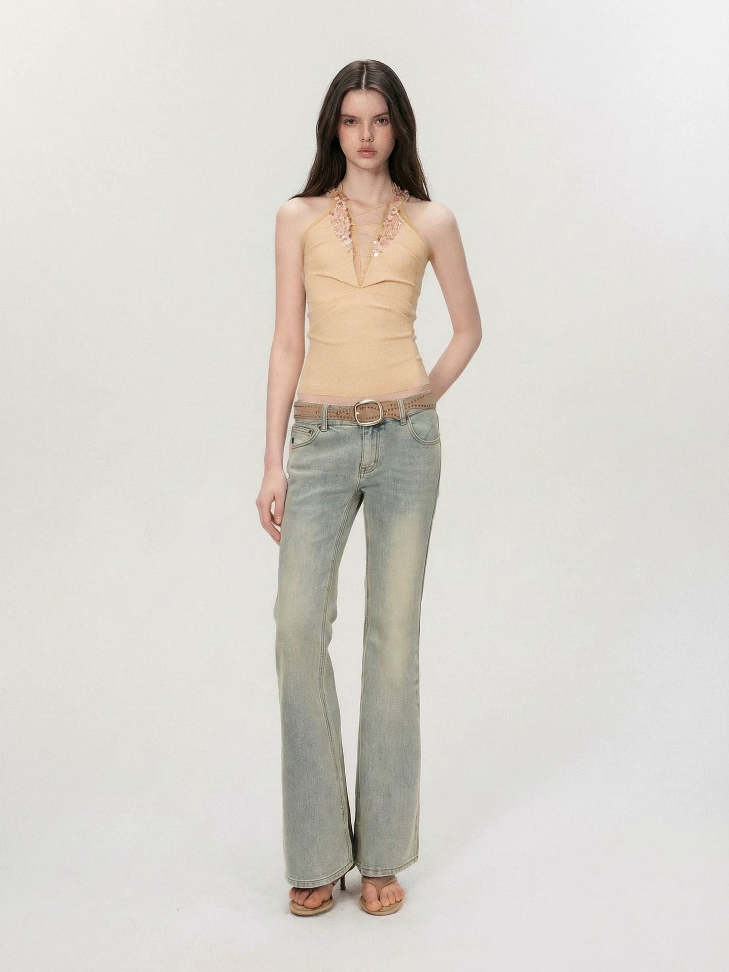 Apricot Sequin Halter Top