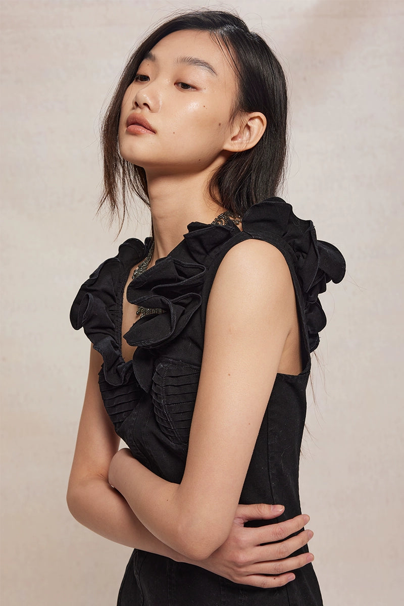 Black Ruffled V-neck Denim Dress