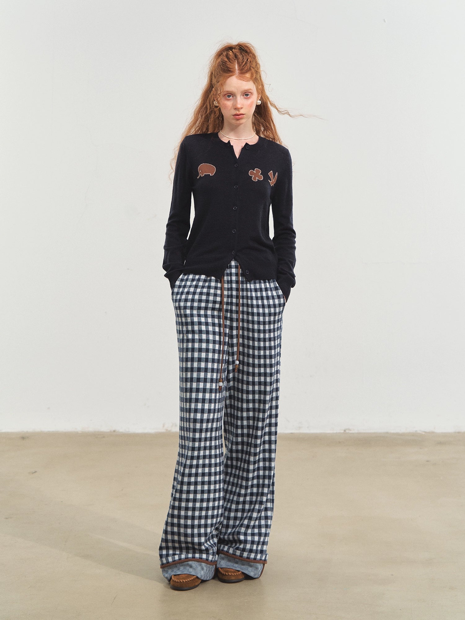 Blue Checkered Cuffed Wide-Leg Pants