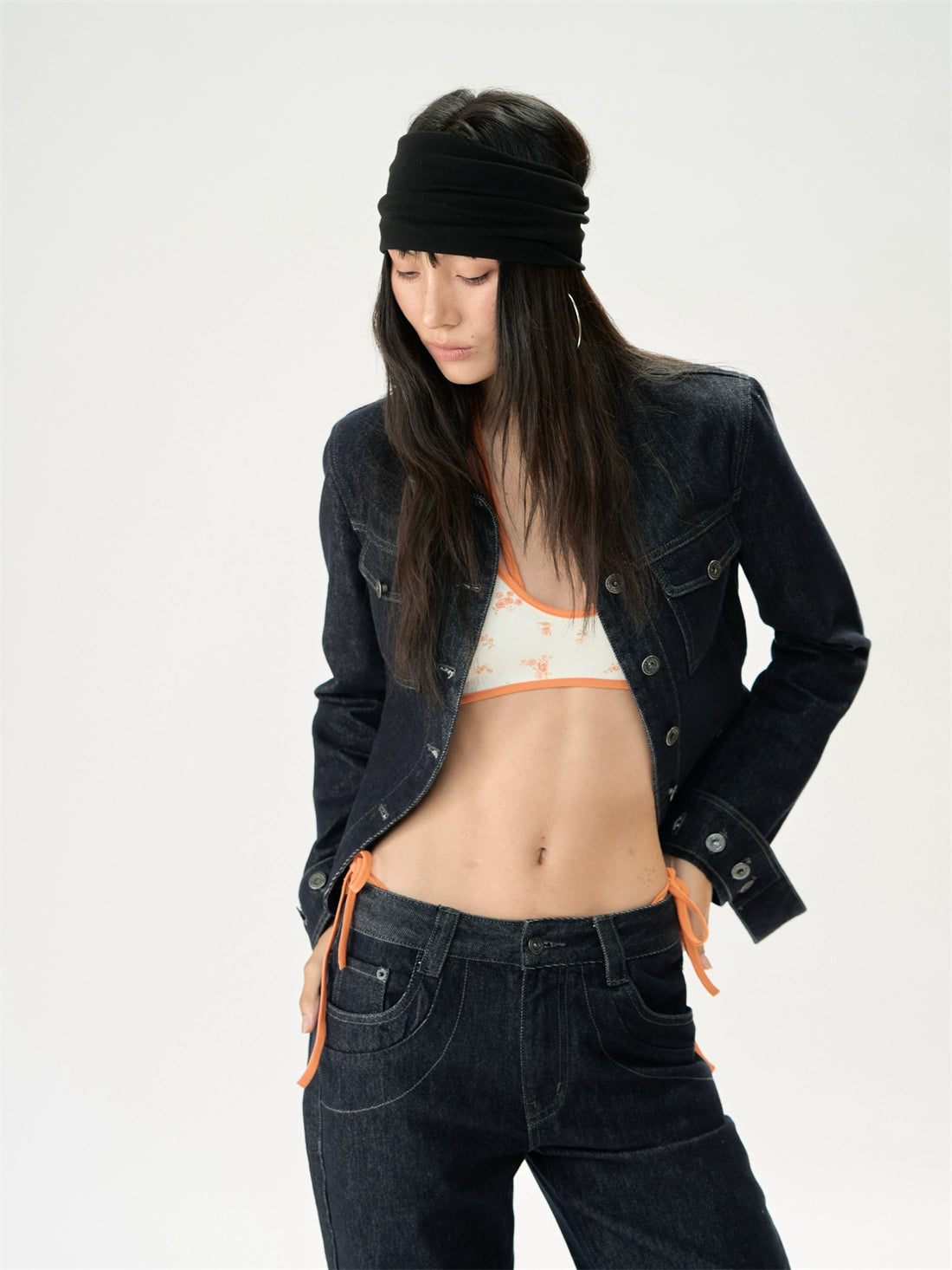 Original Denim Short Stand Collar Cinched Jacket Set
