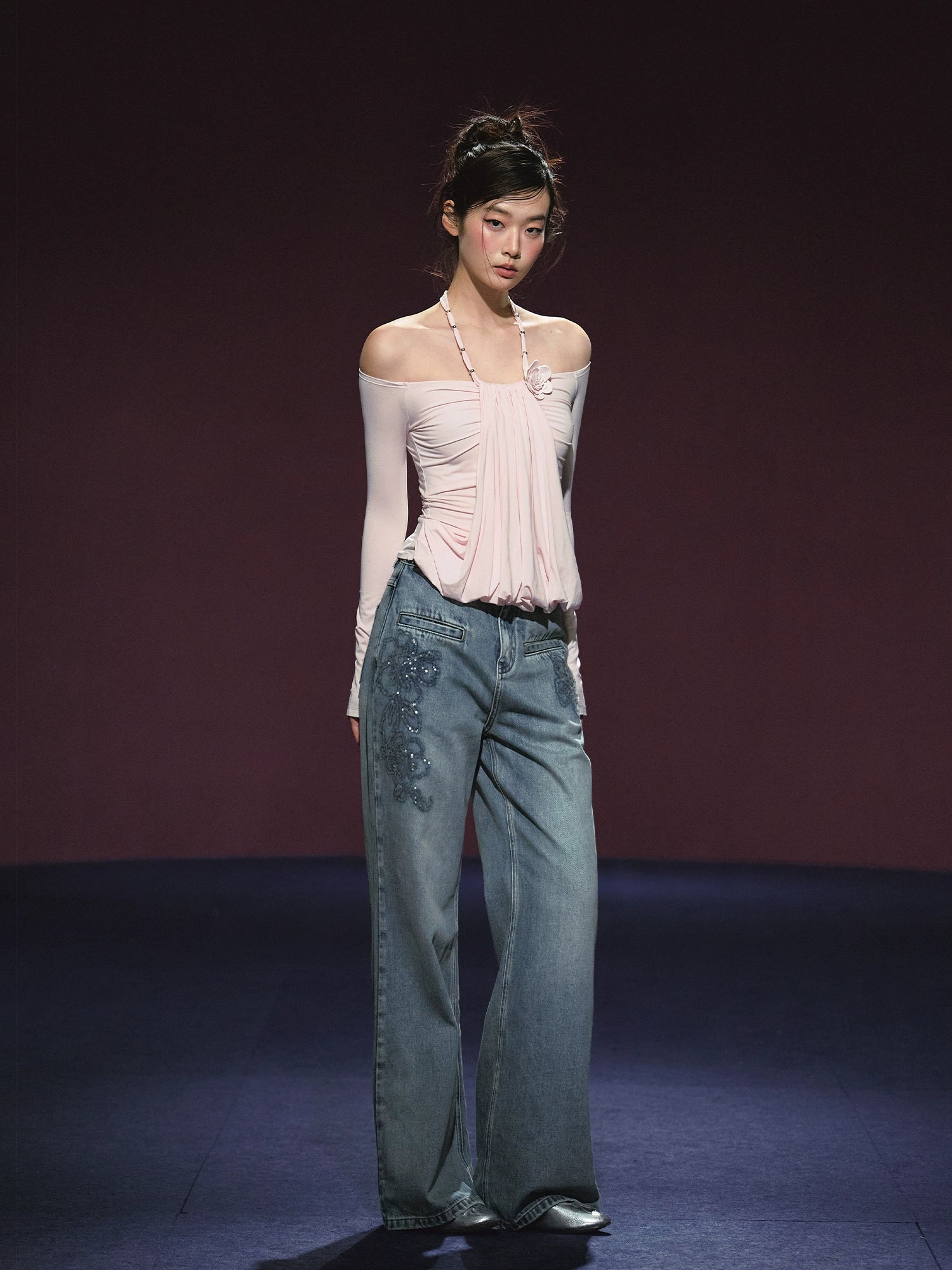 Beaded Embroidery Wide-Leg Straight Jeans