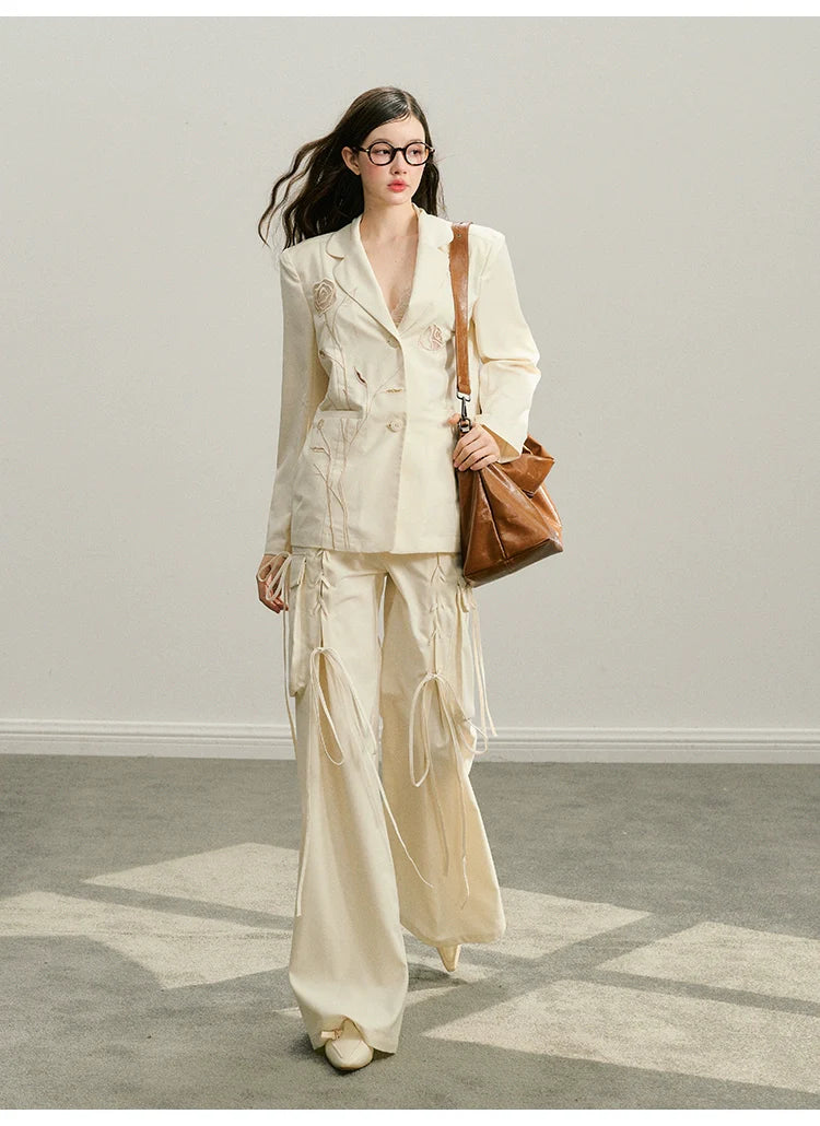Black & Ivory White Tie-Waist Wide-Leg Pants