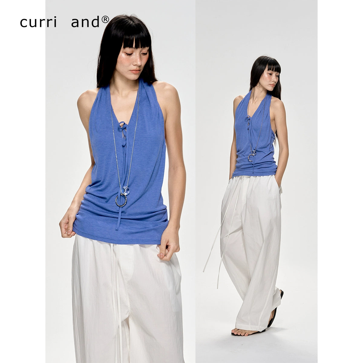 Deep Blue Sleeveless V-Neck Halter Neck Top
