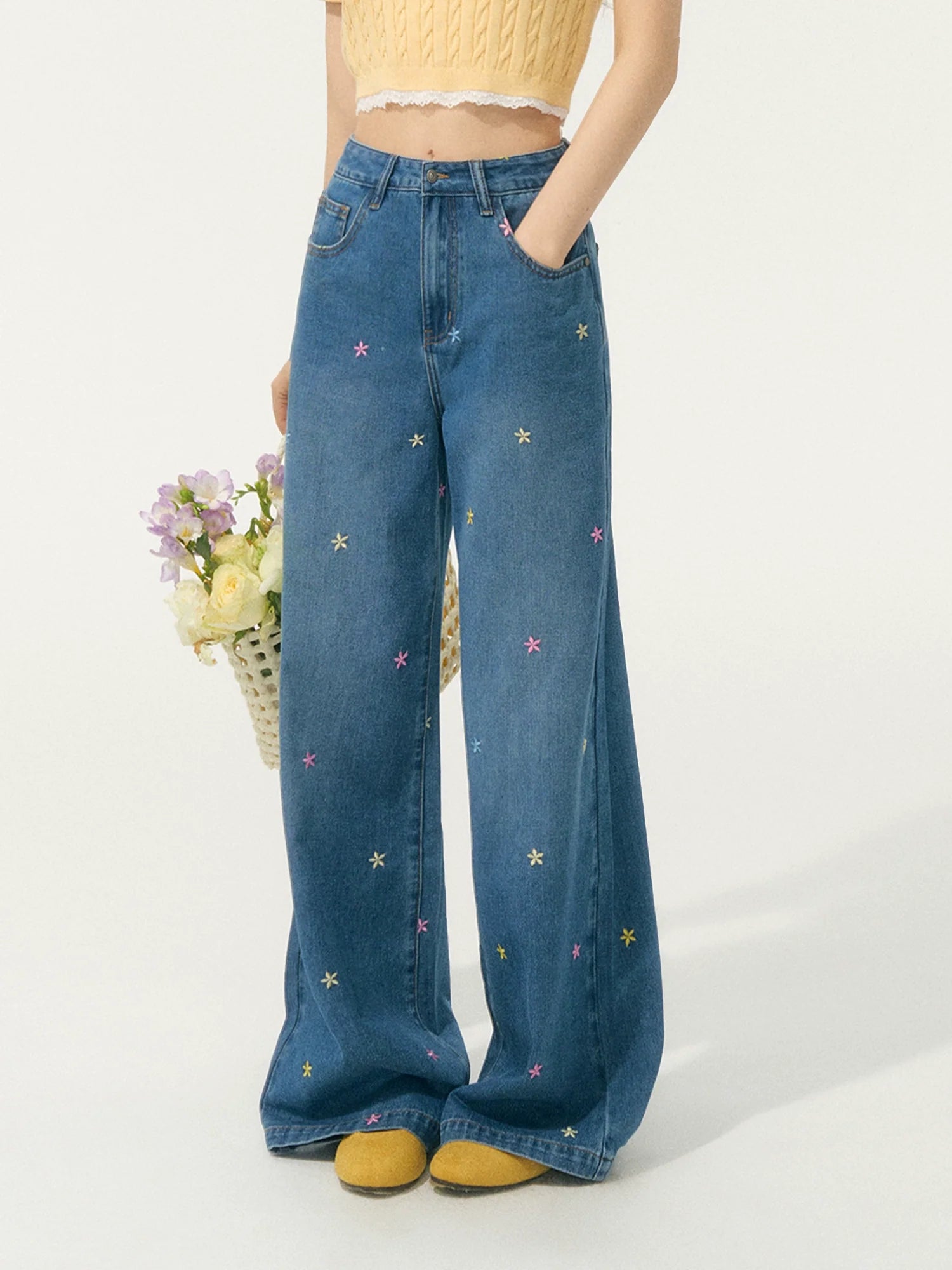 Embroidered High-Waisted Wide-Leg Pants