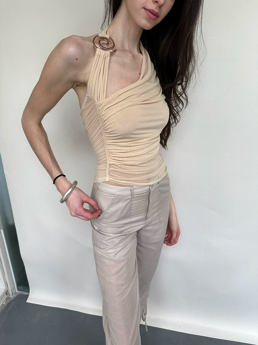 Metal Ring Halter Mesh Pleated Blouse