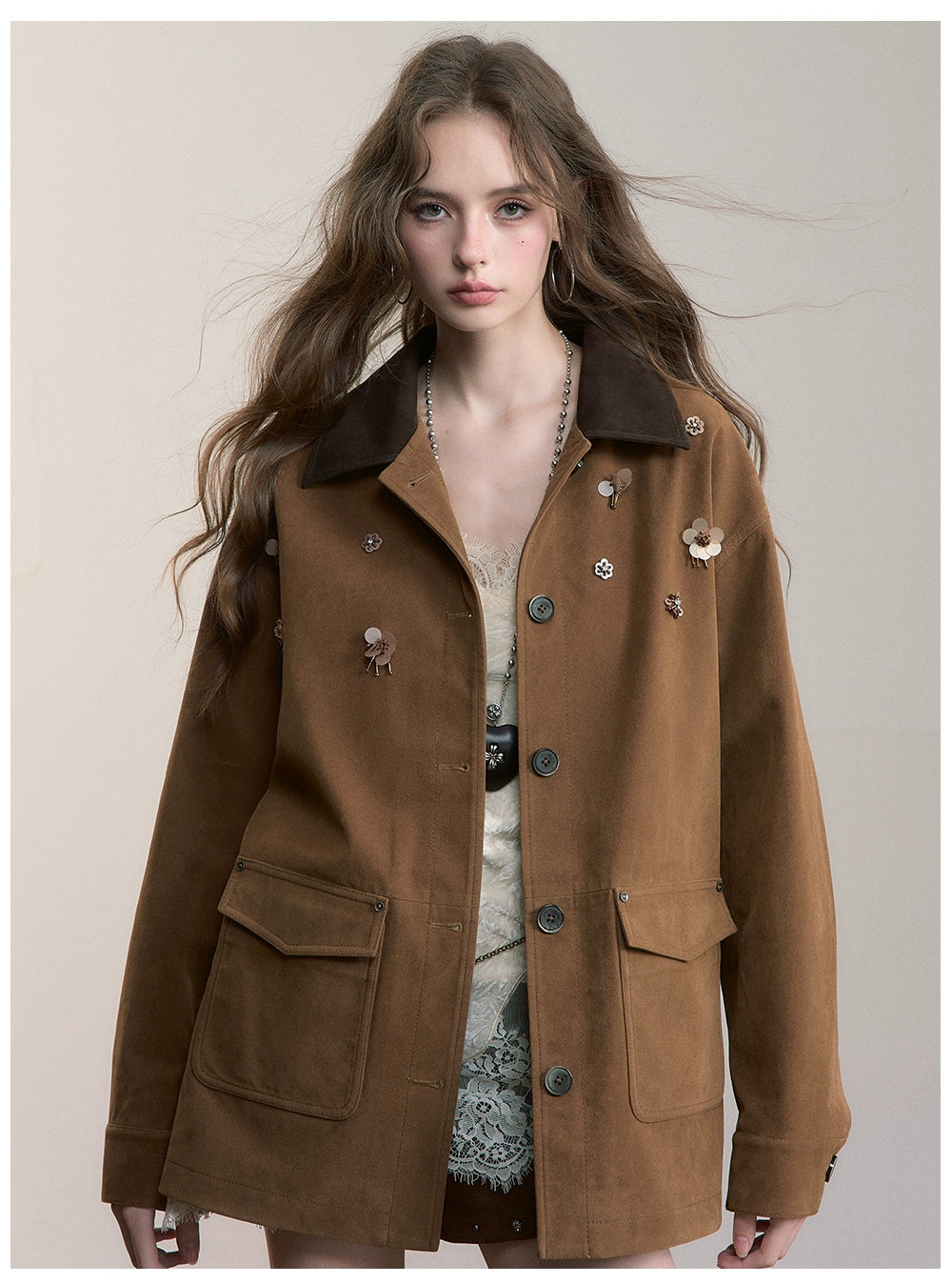Brown Embellished Pocket Jacket