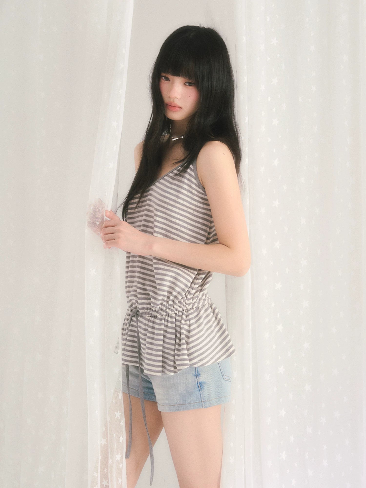 Gray Stripe Drawstring Top