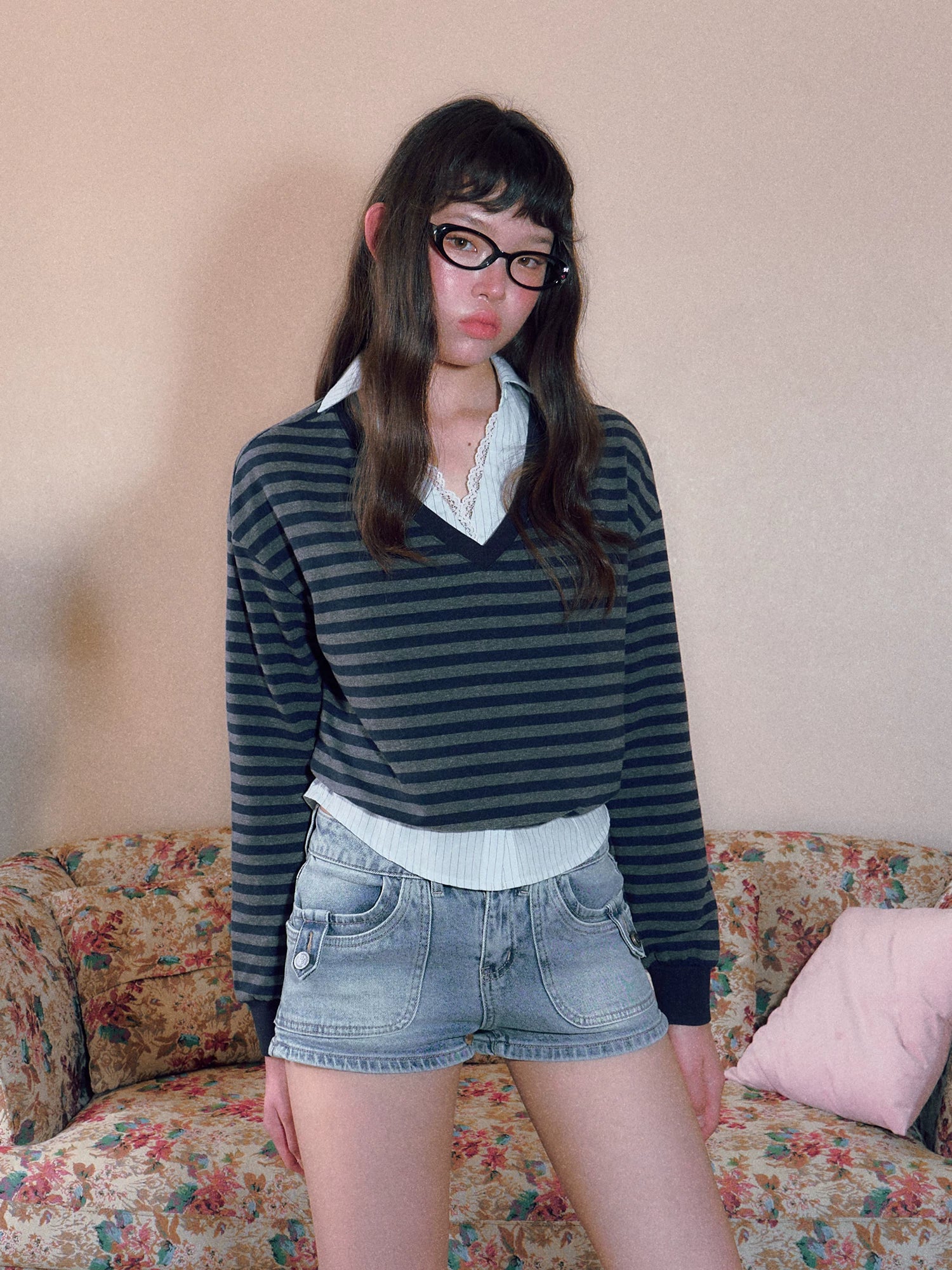 Striped V-Neck Sweatshirt