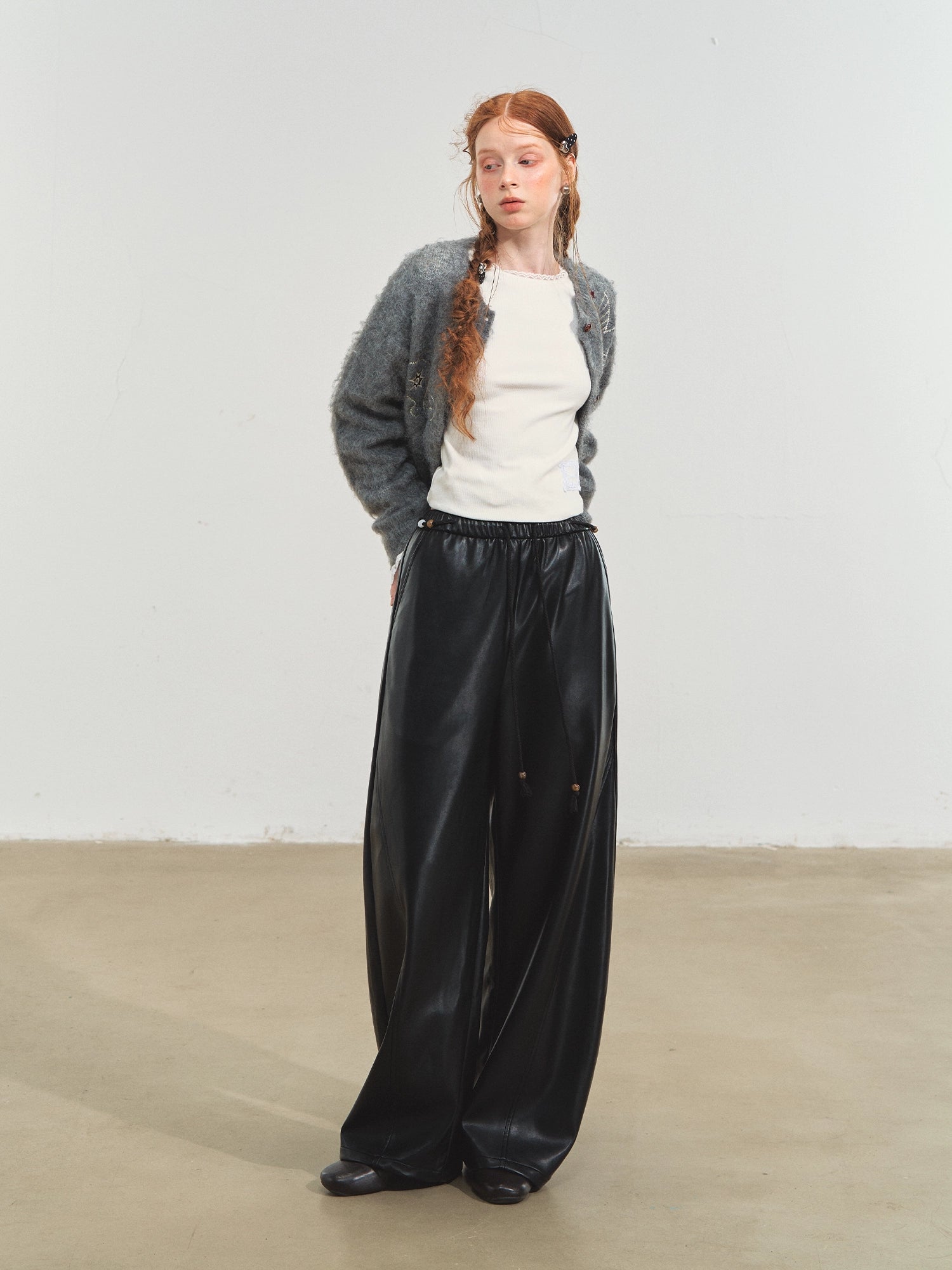 Relaxed Curve-Cut PU Pants