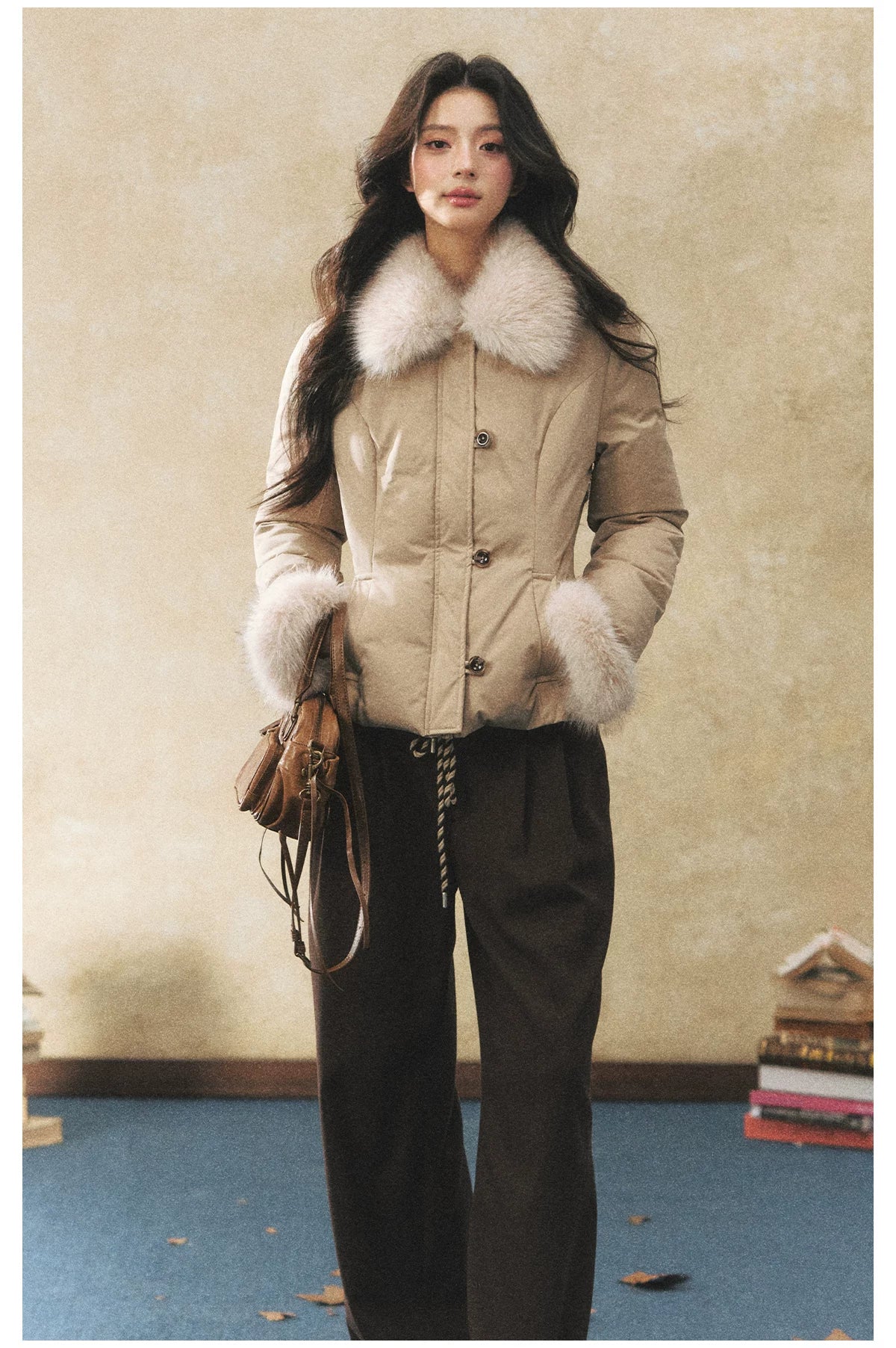 Khaki Faux Fur Collar Puffer Jacket