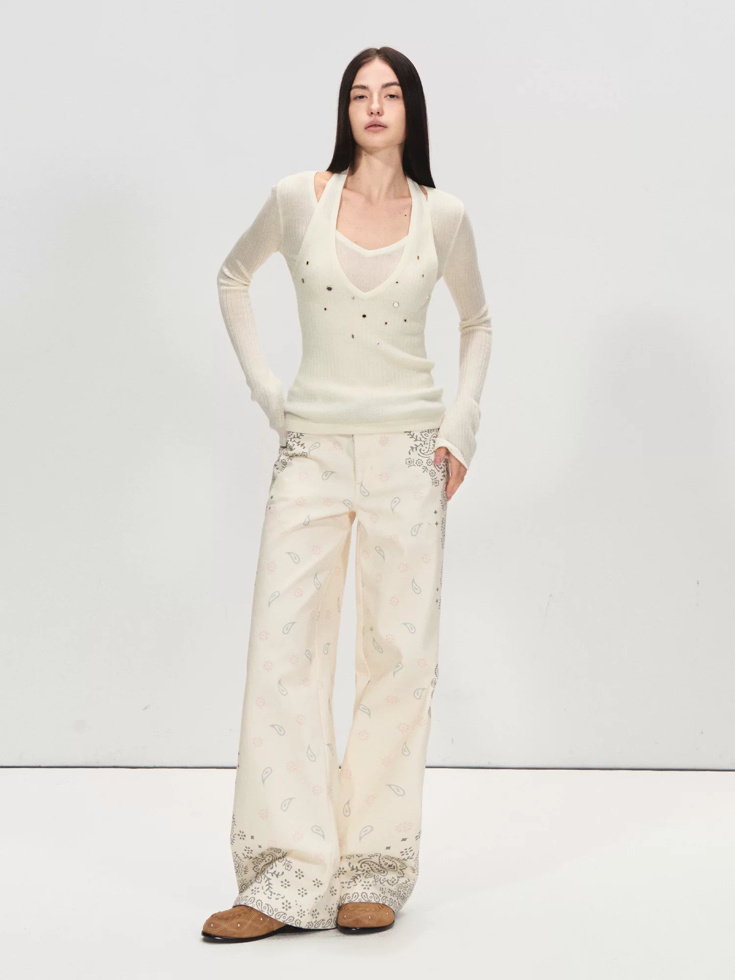 Belted Paisley Wide-Leg Pants