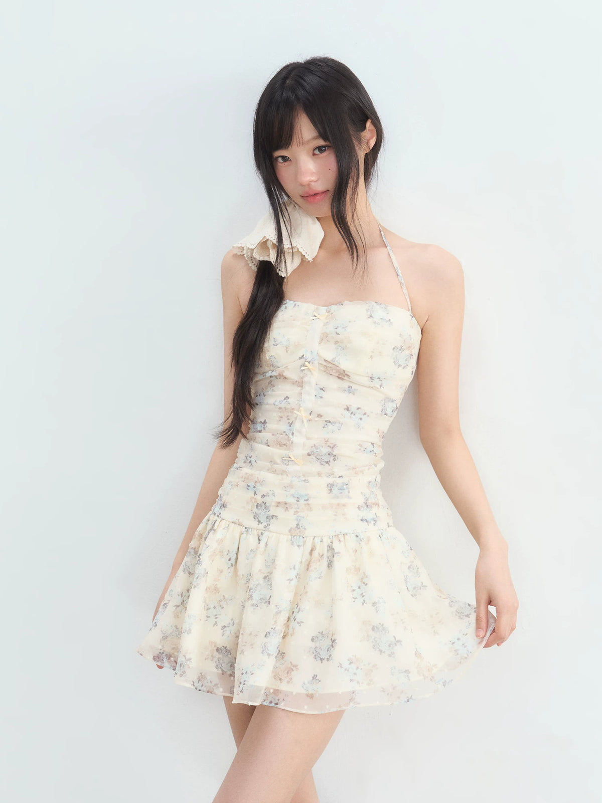 Apricot Floral Halter Mini Dress