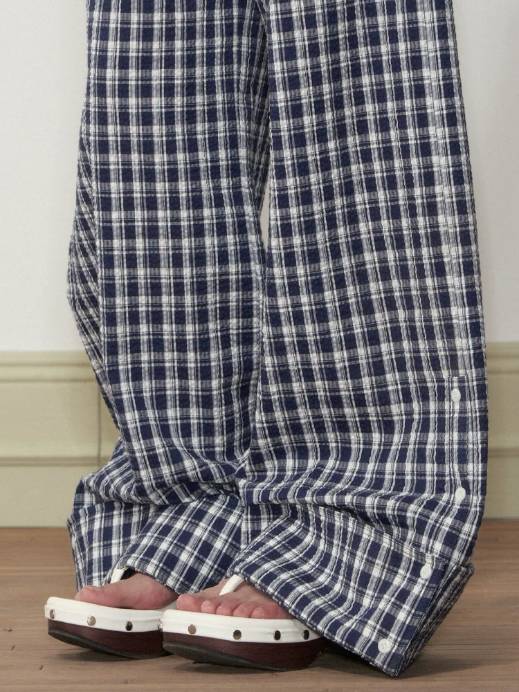 Flapped Loose Navy Checkered Pants
