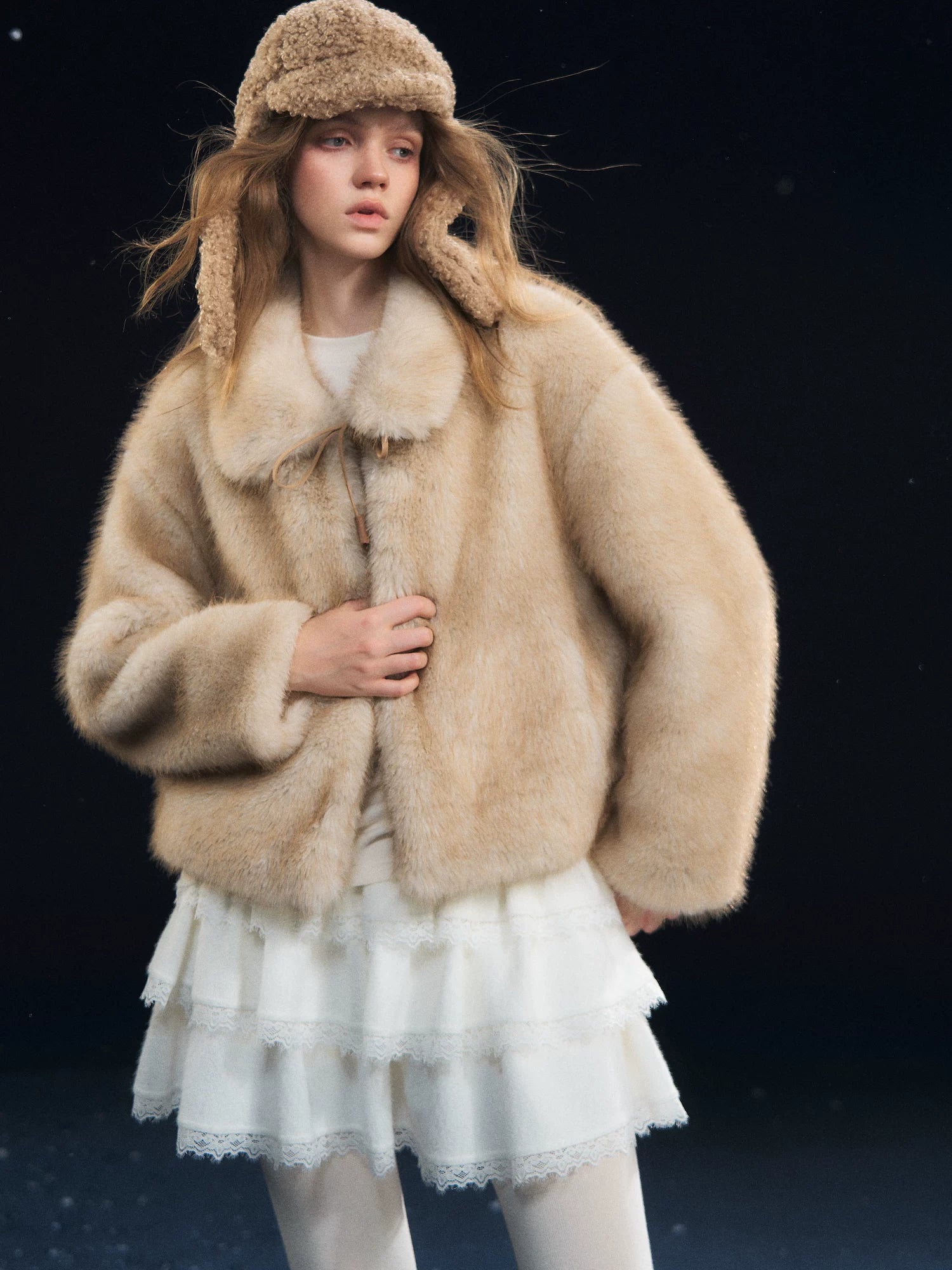 Beige Tie Collar Fleece Coat