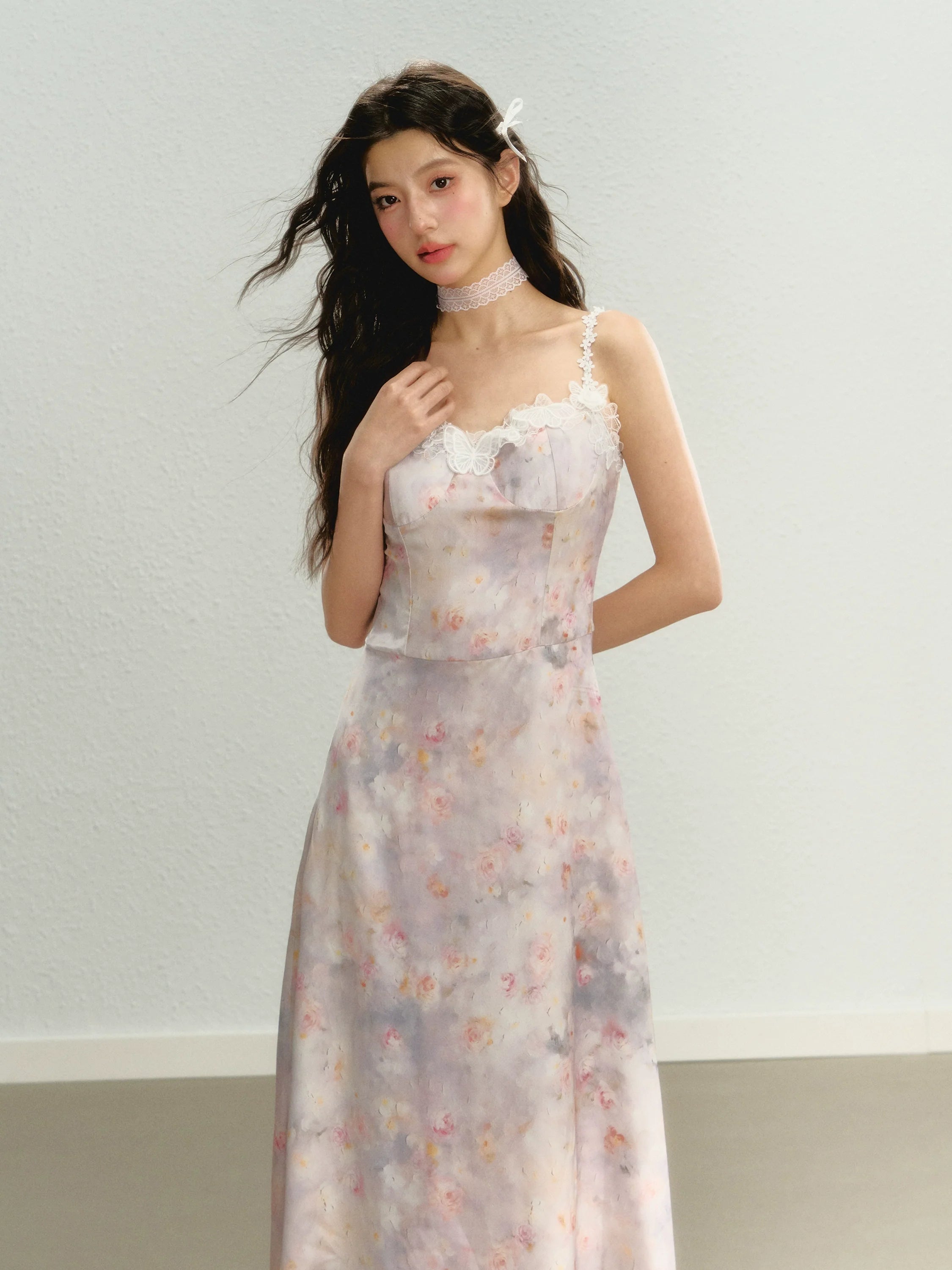 Purple New Chinese Style Printed Cami Dress