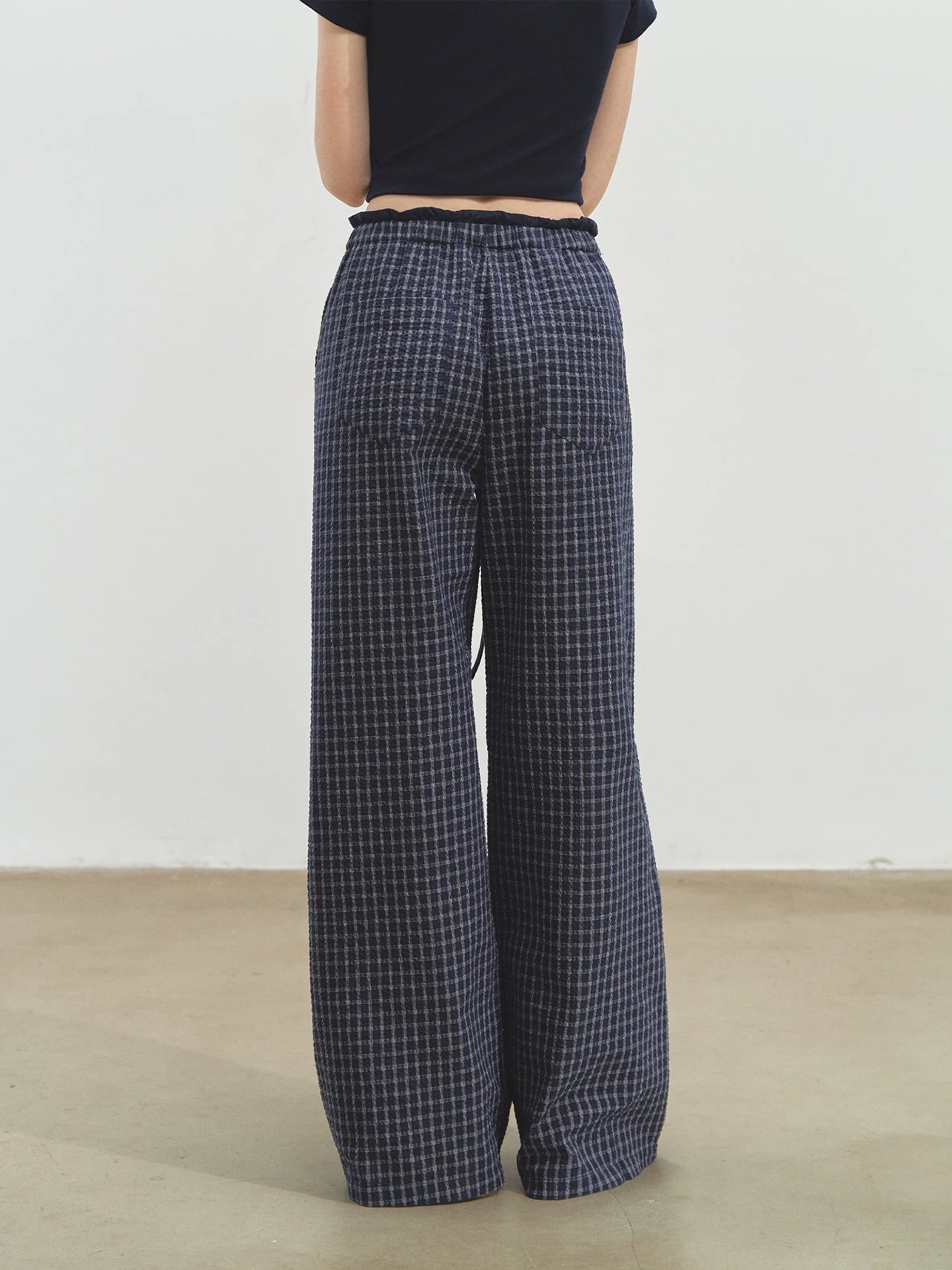 Double-layer Waistband Checkered Drawstring Pants