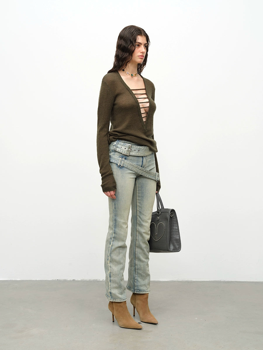 Black & Green Wool Handmade Drawstring Knit Pullover Sweater