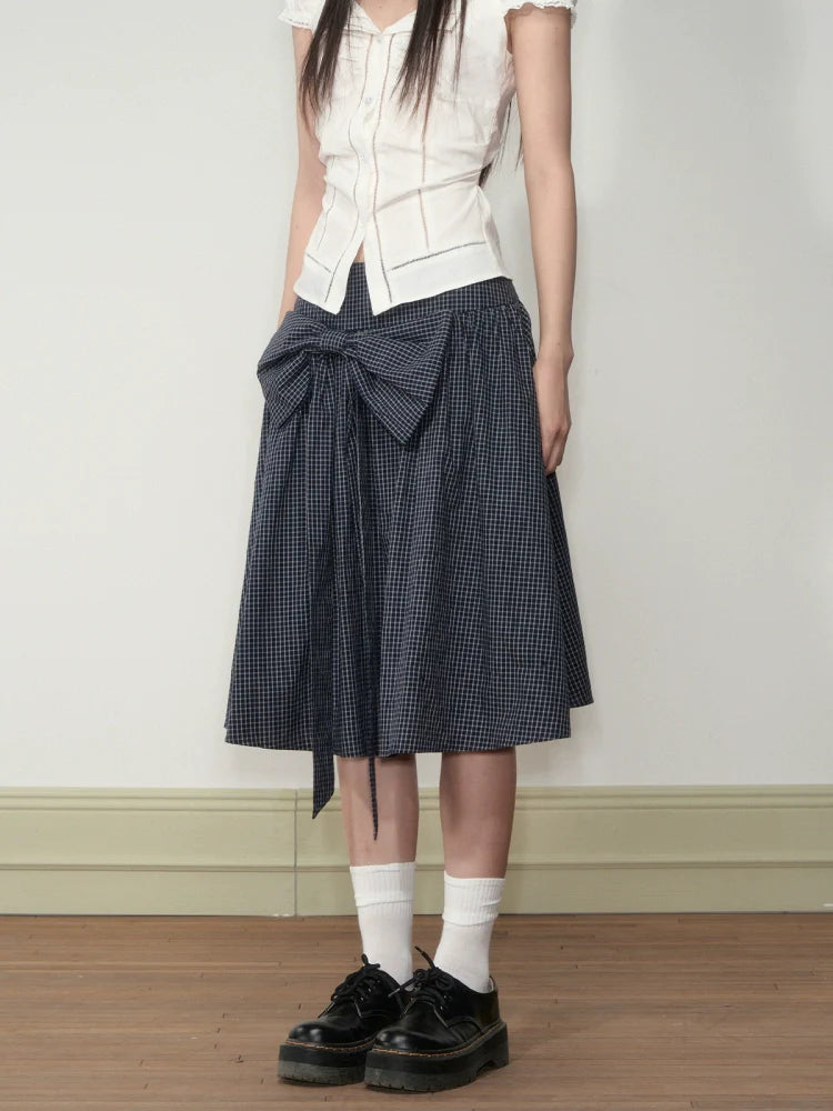 Checkered Bow A-line Midi Skirt