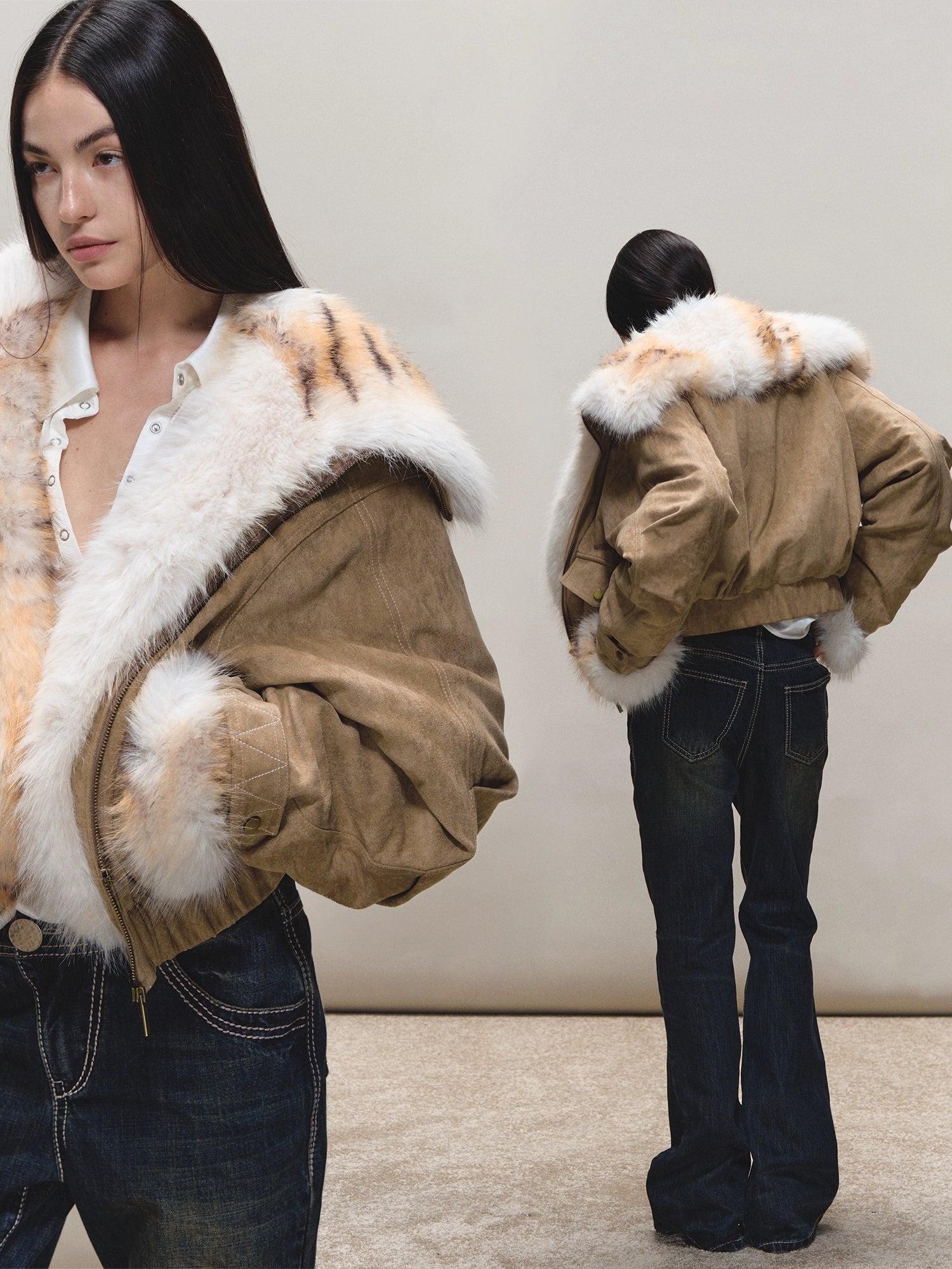 Faux-Suede Fur-Collar Quilted Parka