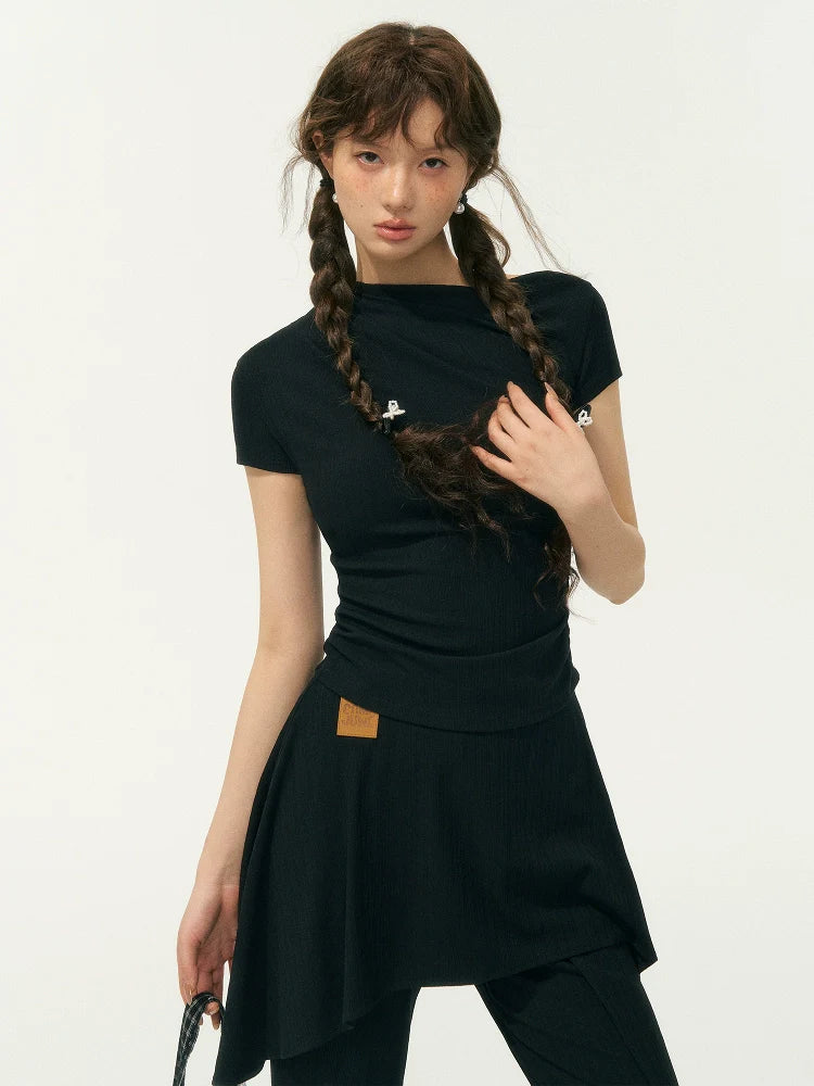 One Shoulder Irregular Slanted Pleat T-shirt & Pants Set