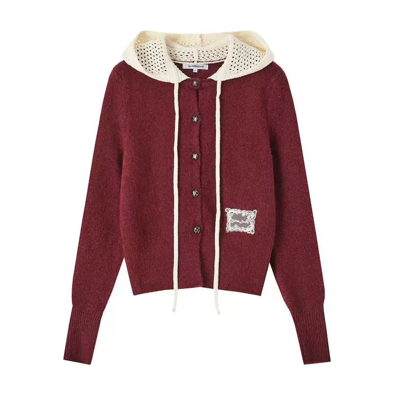 Hollow‑Knit Hooded Cardigan