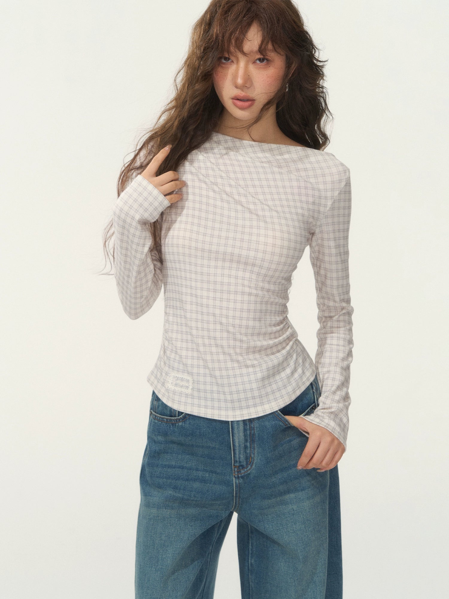 Velvet-Touch Plaid Draped Off-Shoulder Long Sleeve